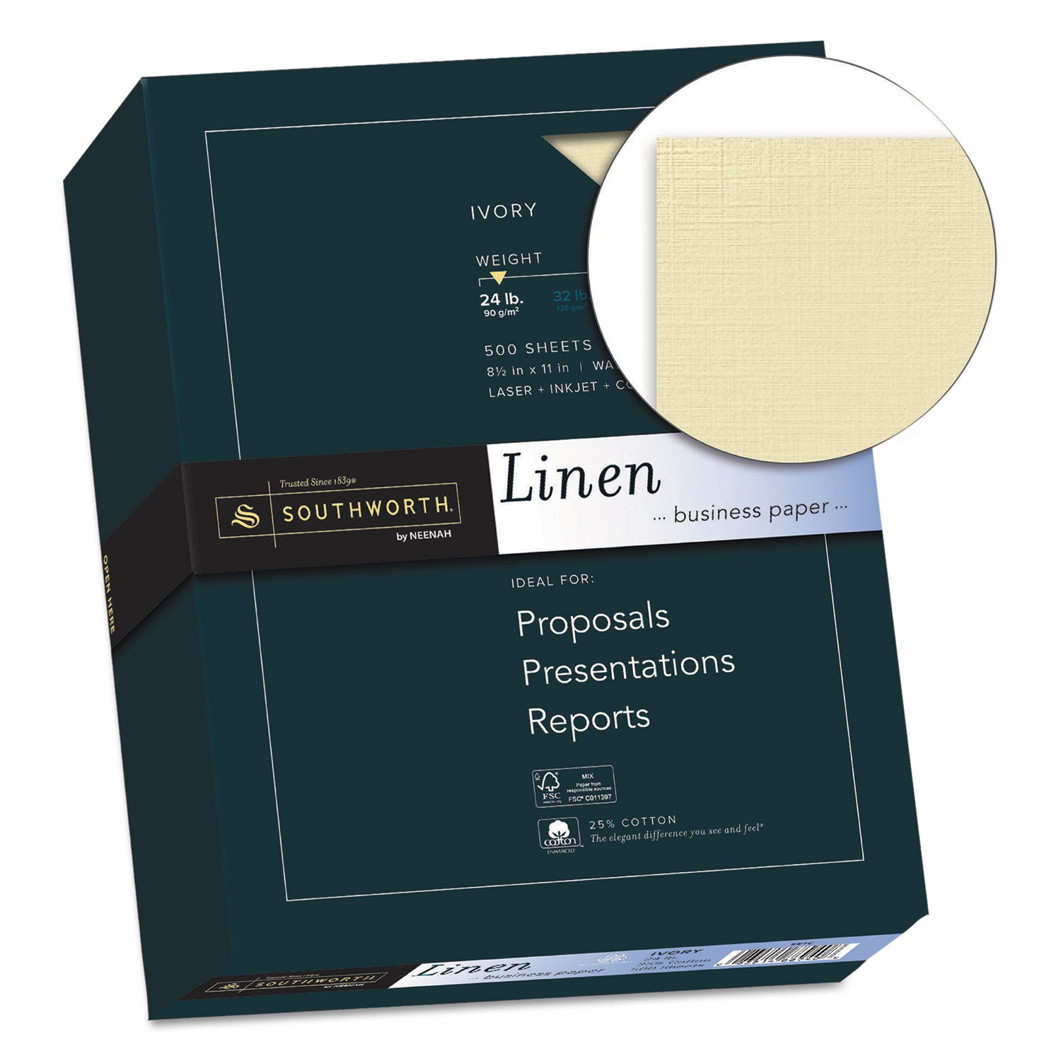 25% Cotton Linen Business Paper, 24 lb Bond Weight, 8.5 x 11, Ivory, 500/Ream -