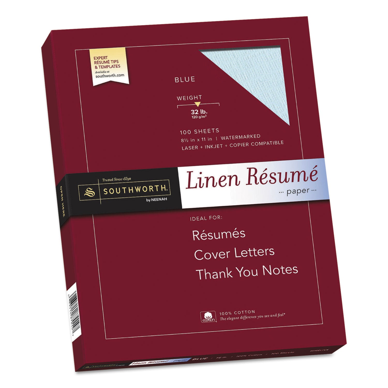 100% Cotton Premium Weight Linen Resume Paper, 32 lb Bond Weight, 8.5 x 11, Blue, 100/Pack -