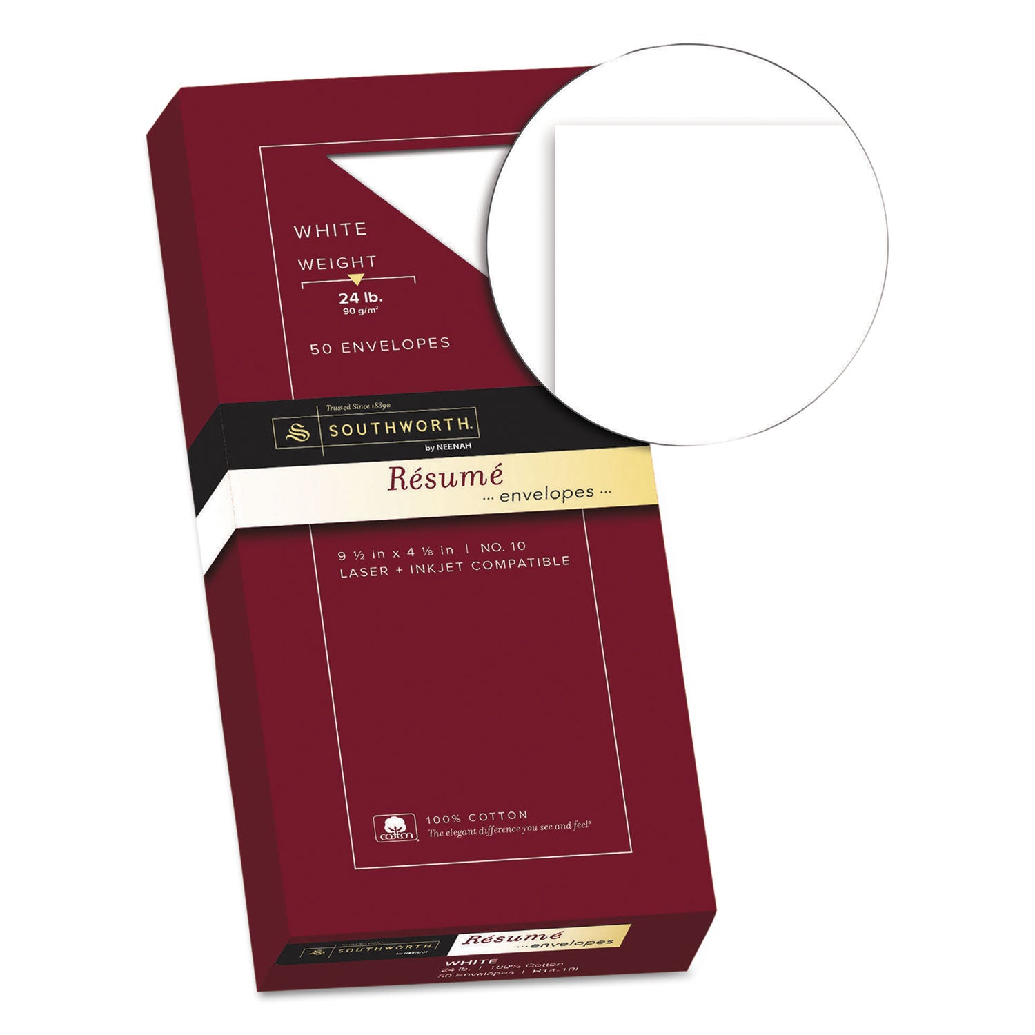100% Cotton Resume Envelope, #10, Commercial Flap, Gummed Closure, 4.13 x 9.5, White, 50/Box -