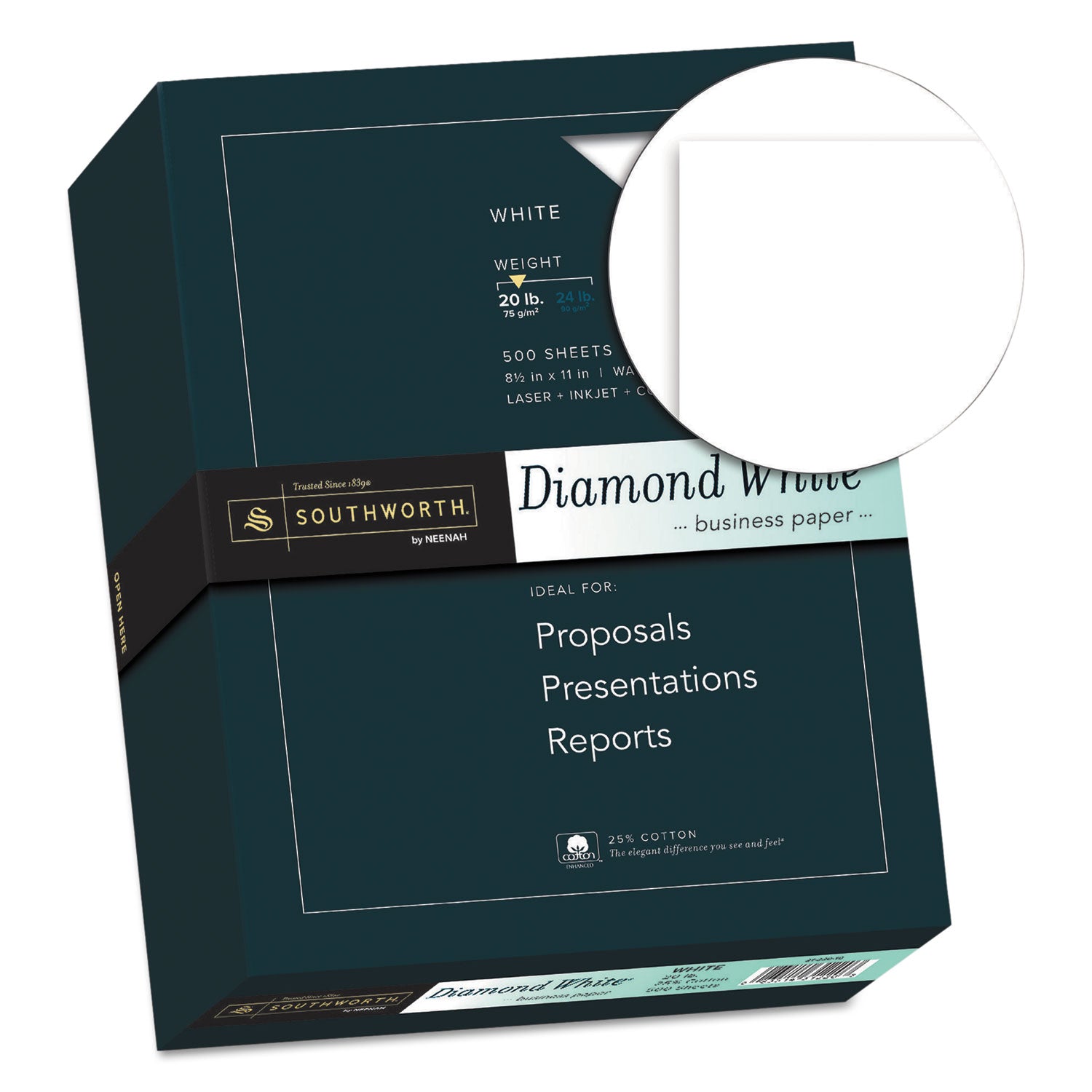 25% Cotton Diamond White Business Paper, 95 Bright, 20 lb Bond Weight, 8.5 x 11, 500/Ream -