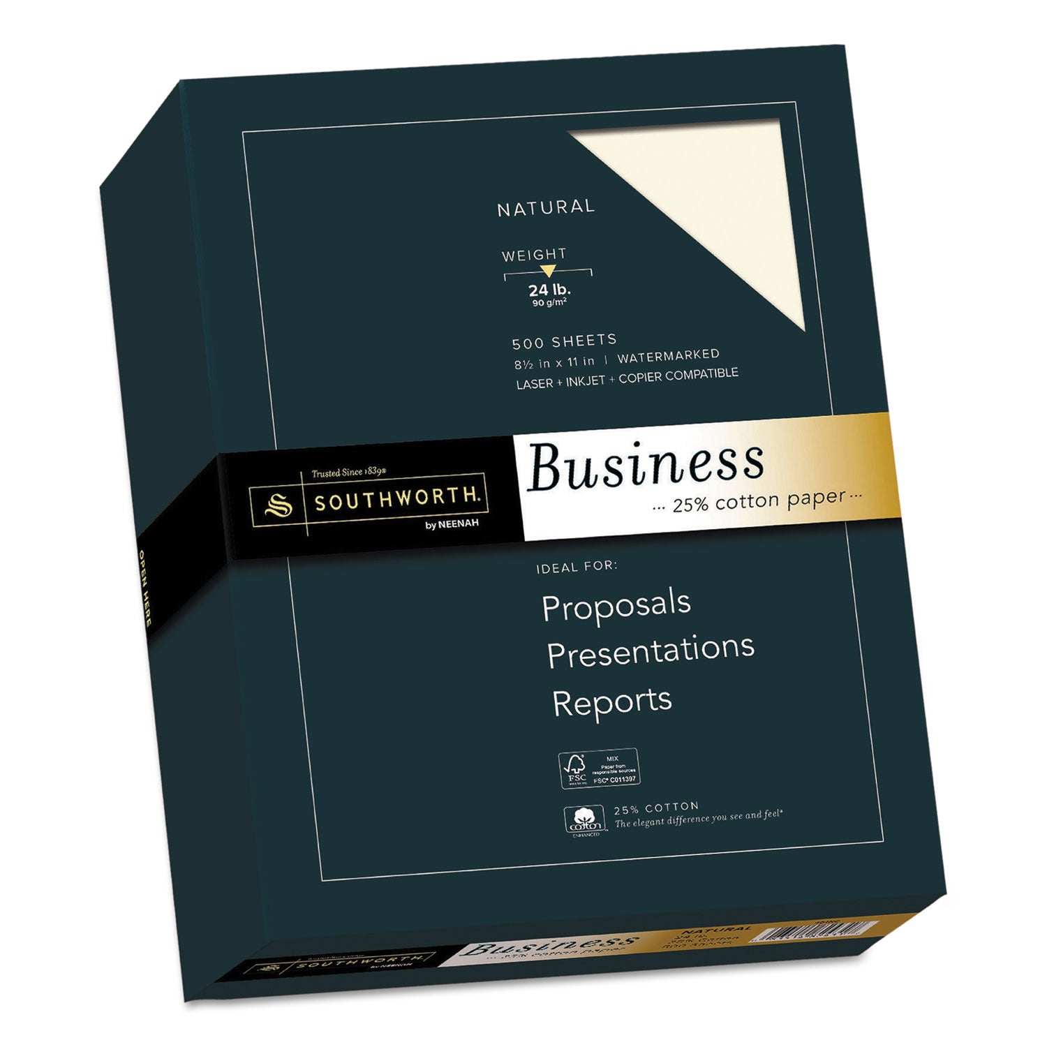25% Cotton Business Paper, 24 lb Bond Weight, 8.5 x 11, Natural, 500 Sheets/Ream -
