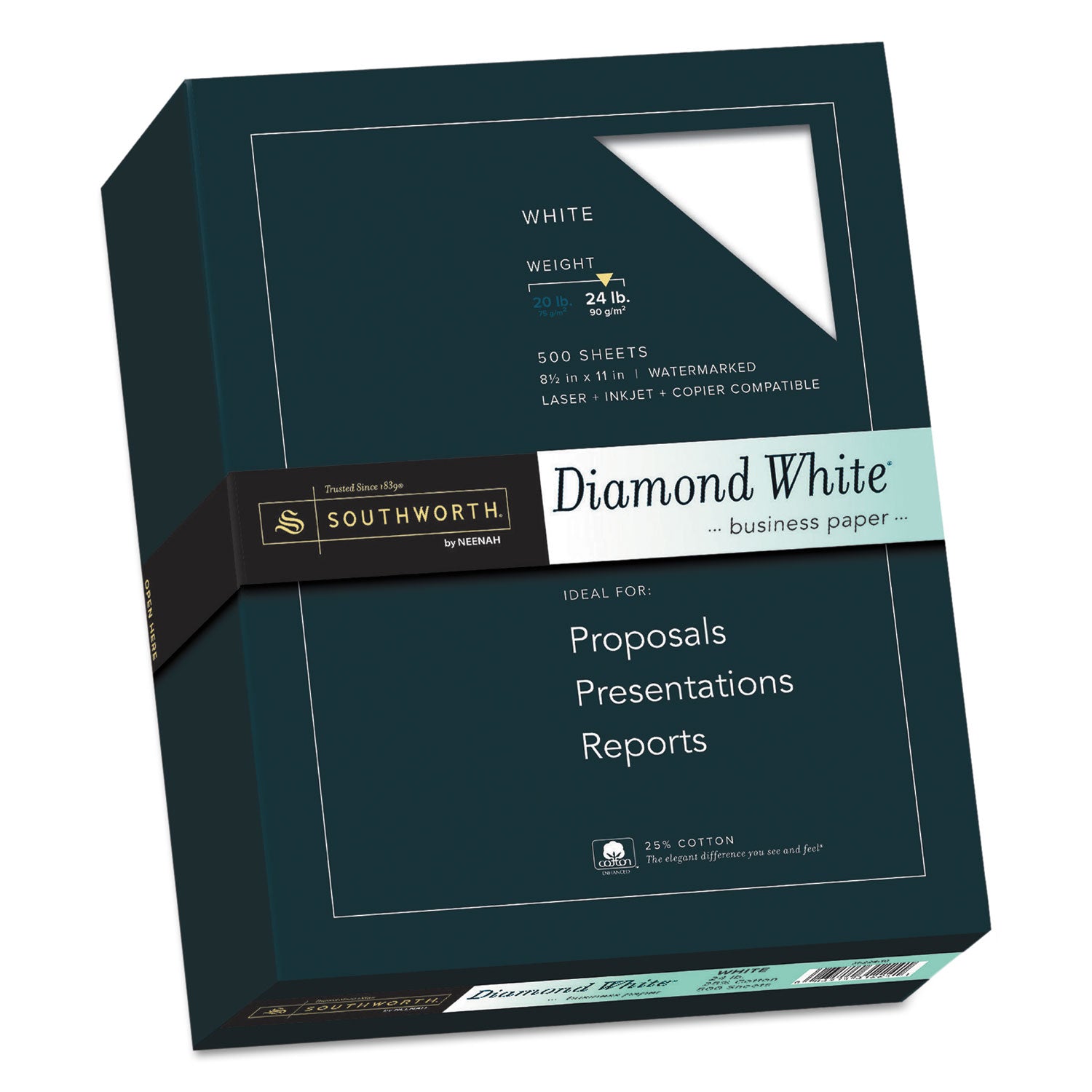25% Cotton Diamond White Business Paper, 95 Bright, 24 lb Bond Weight, 8.5 x 11, 500/Ream -