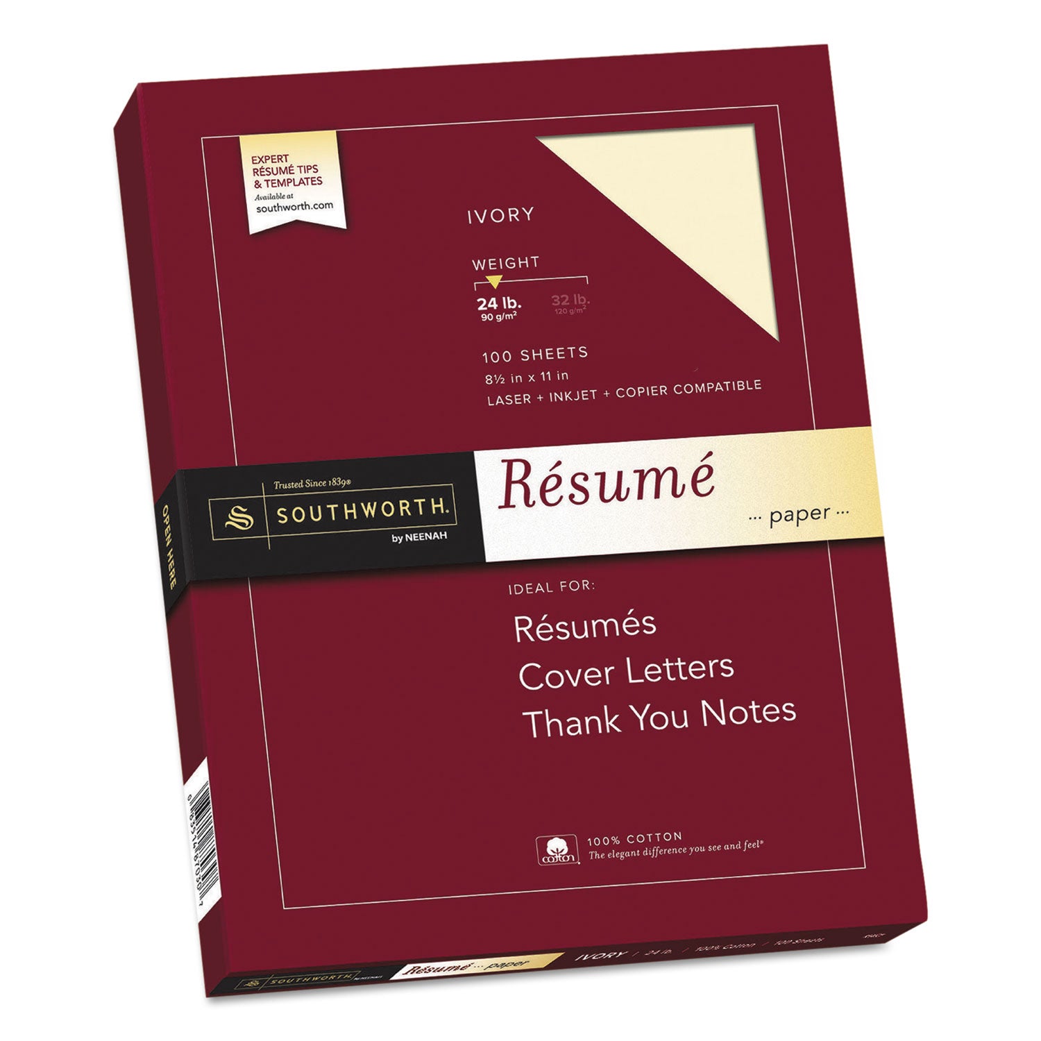 100% Cotton Resume Paper, 24 lb Bond Weight, 8.5 x 11, Ivory, 100/Pack -