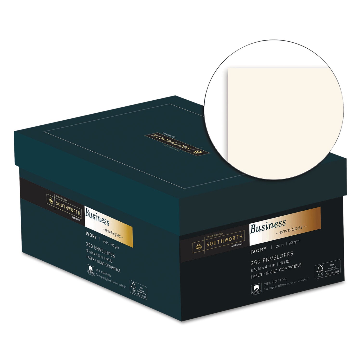 25% Cotton #10 Business Envelope, Commercial Flap, Gummed Closure, 4.13 x 9.5, Ivory, 250/Box -
