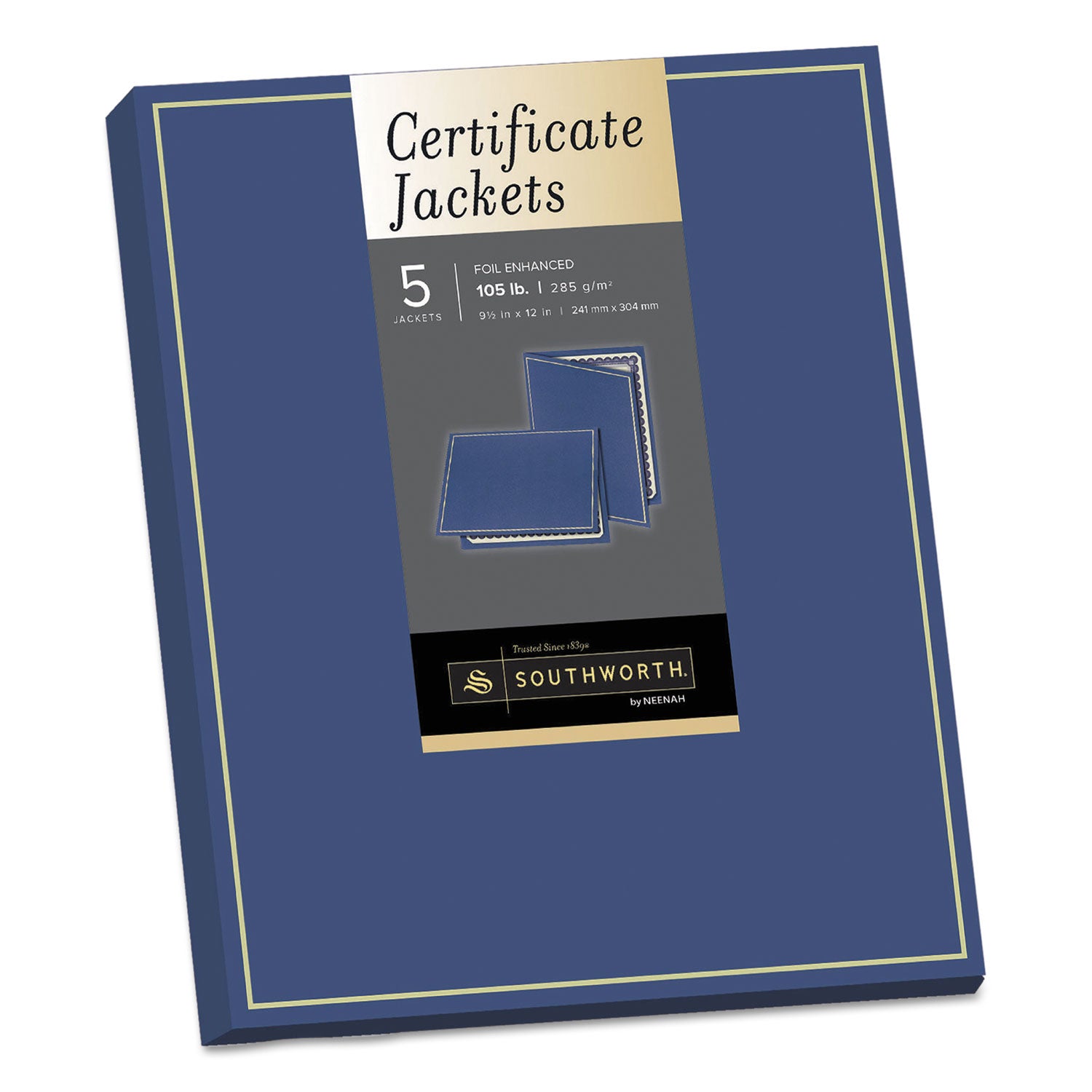 Certificate Jacket, Navy/Gold Border, 88-lb Felt Finish Stock, 12 x 9.5, 5/Pack -
