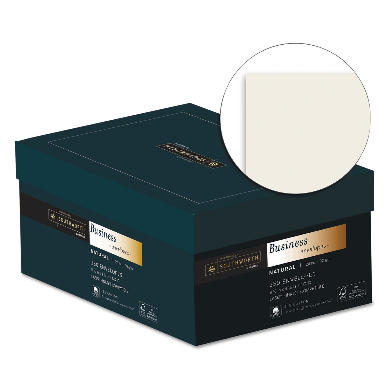 25% Cotton #10 Business Envelope, Commercial Flap, Gummed Closure, 4.13 x 9.5, Natural, 250/Box -