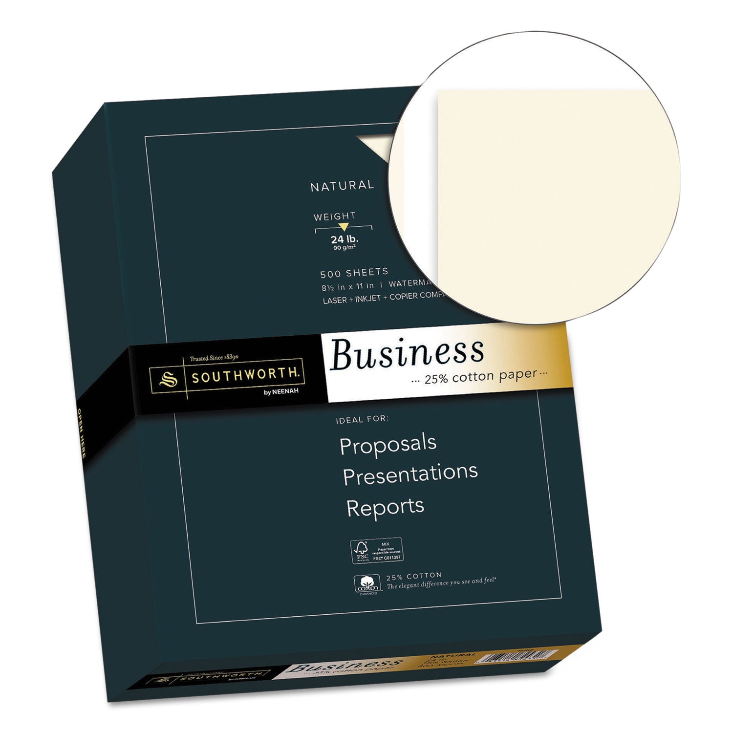 25% Cotton Business Paper, 24 lb Bond Weight, 8.5 x 11, Natural, 500 Sheets/Ream -