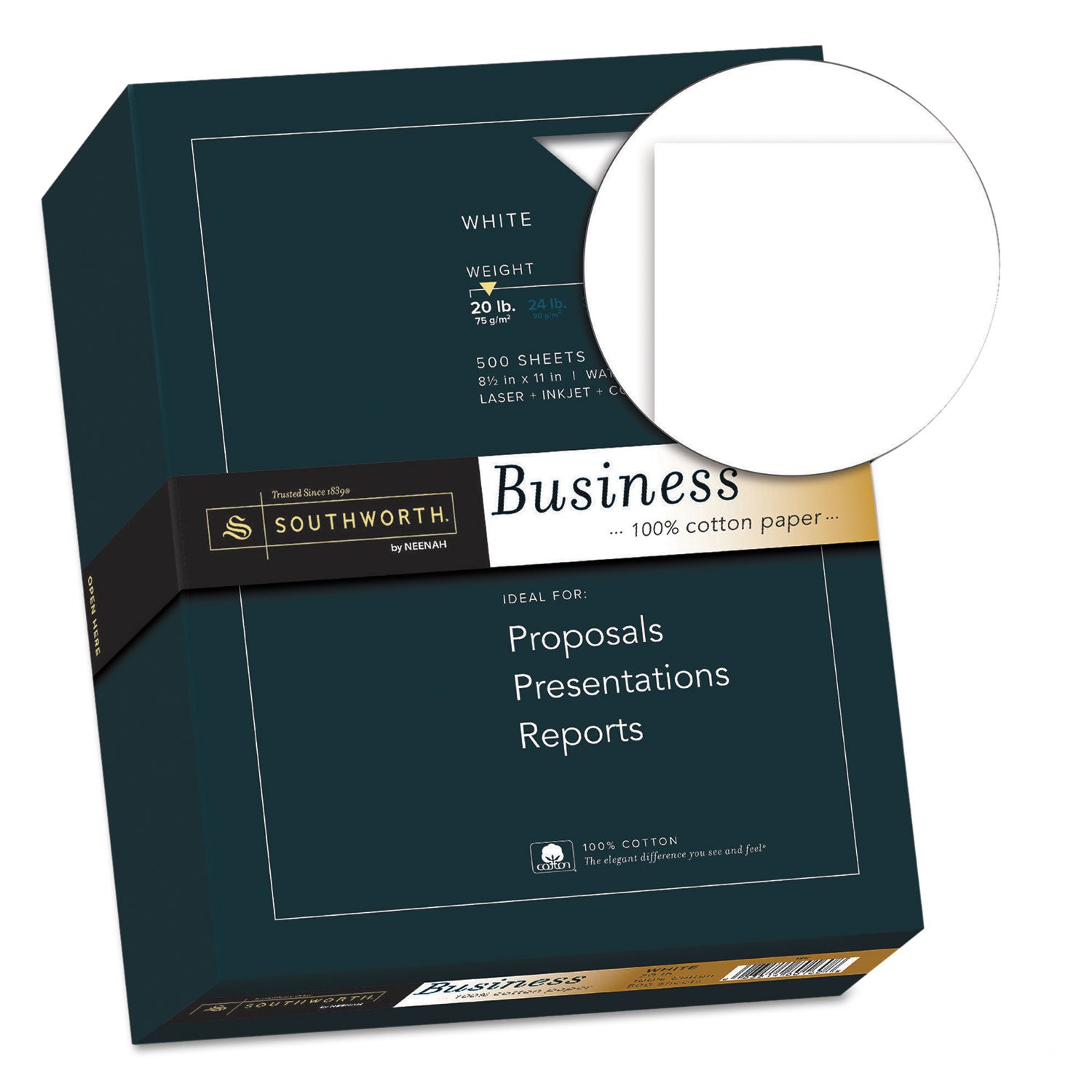 100% Cotton Business Paper, 95 Bright, 20 lb Bond Weight, 8.5 x 11, White, 500/Ream -