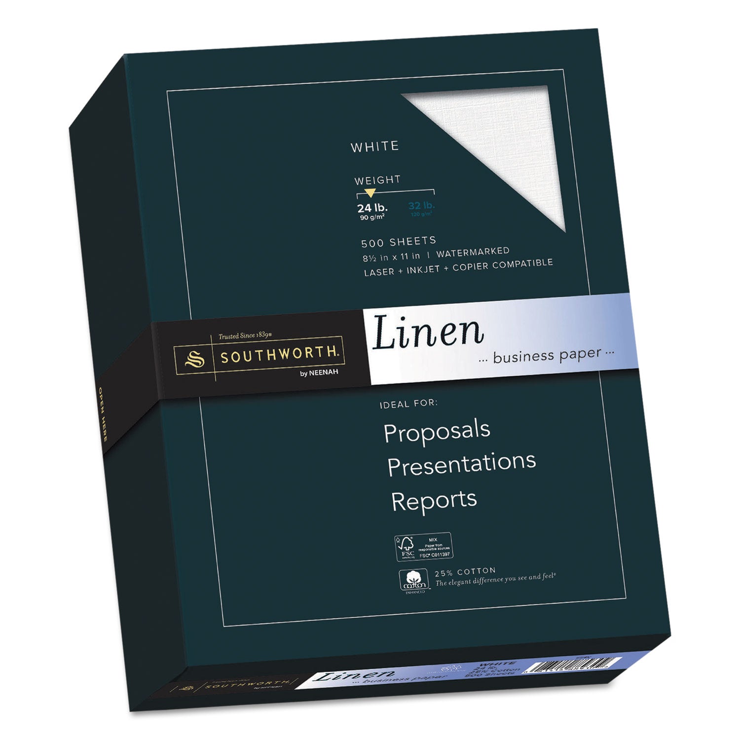 25% Cotton Linen Business Paper, 91 Bright, 24 lb Bond Weight, 8.5 x 11, White, 500/Ream -