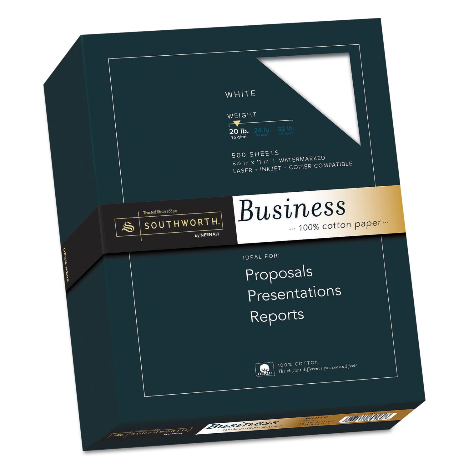 100% Cotton Business Paper, 95 Bright, 20 lb Bond Weight, 8.5 x 11, White, 500/Ream -