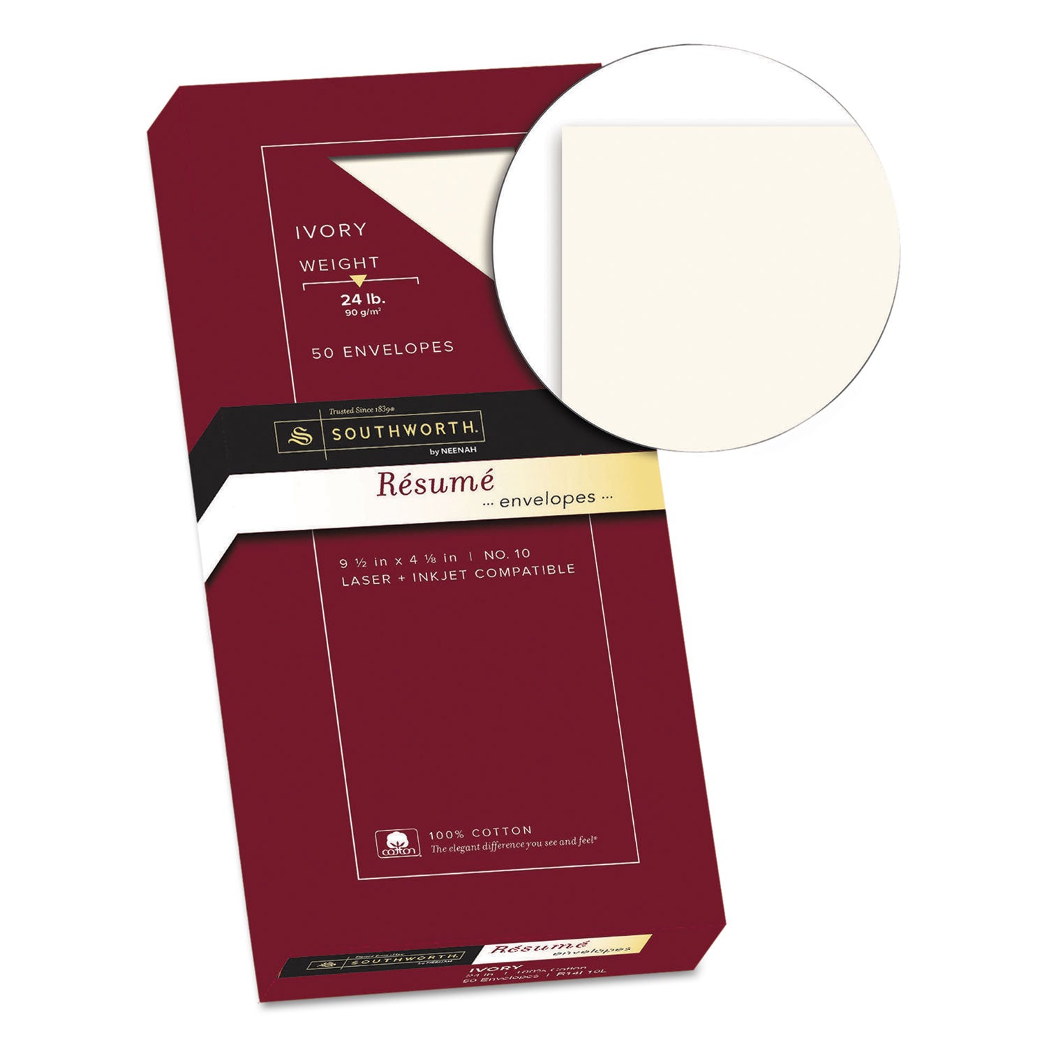100% Cotton Resume Envelope, #10, Commercial Flap, Gummed Closure, 4.13 x 9.5, Ivory, 50/Box -