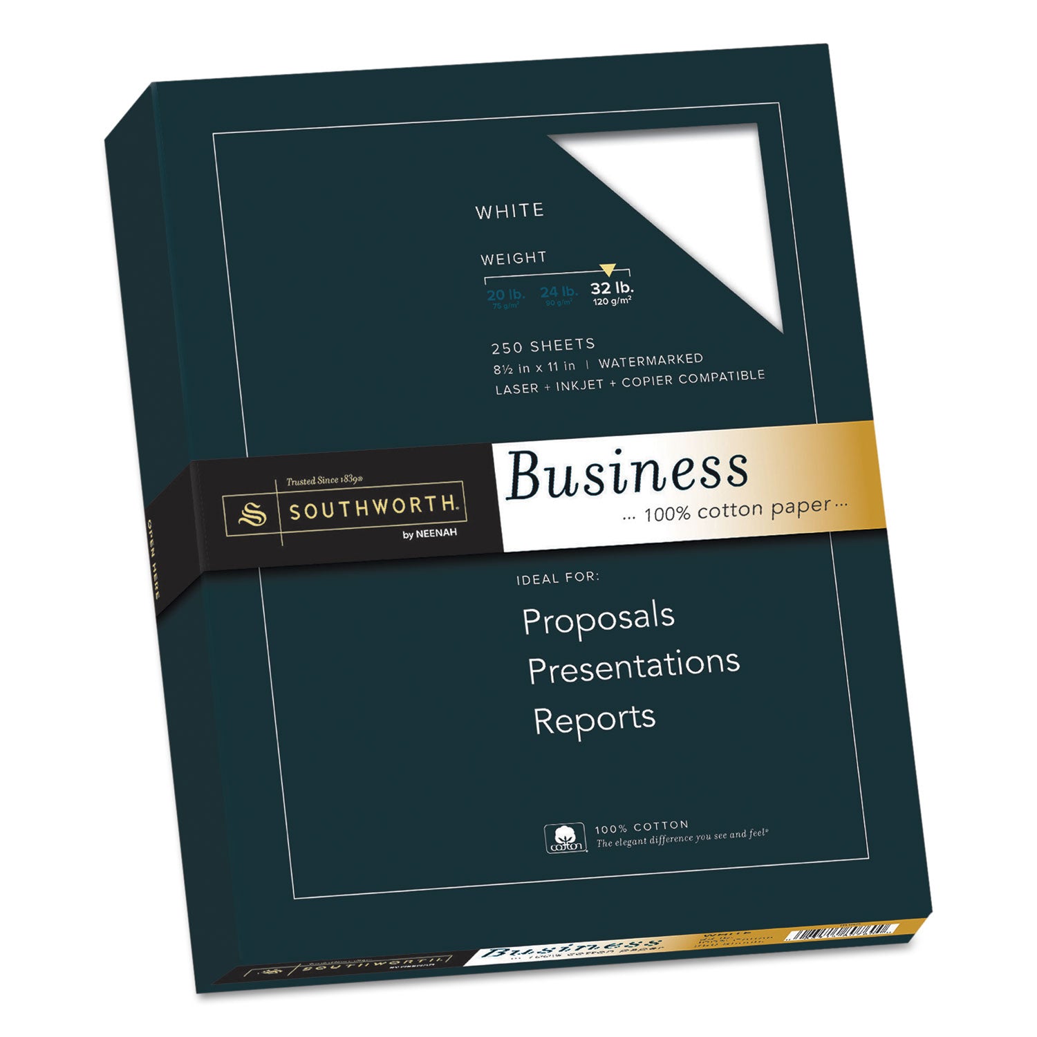 100% Cotton Business Paper, 95 Bright, 32 lb Bond Weight, 8.5 x 11, White, 250/Pack -