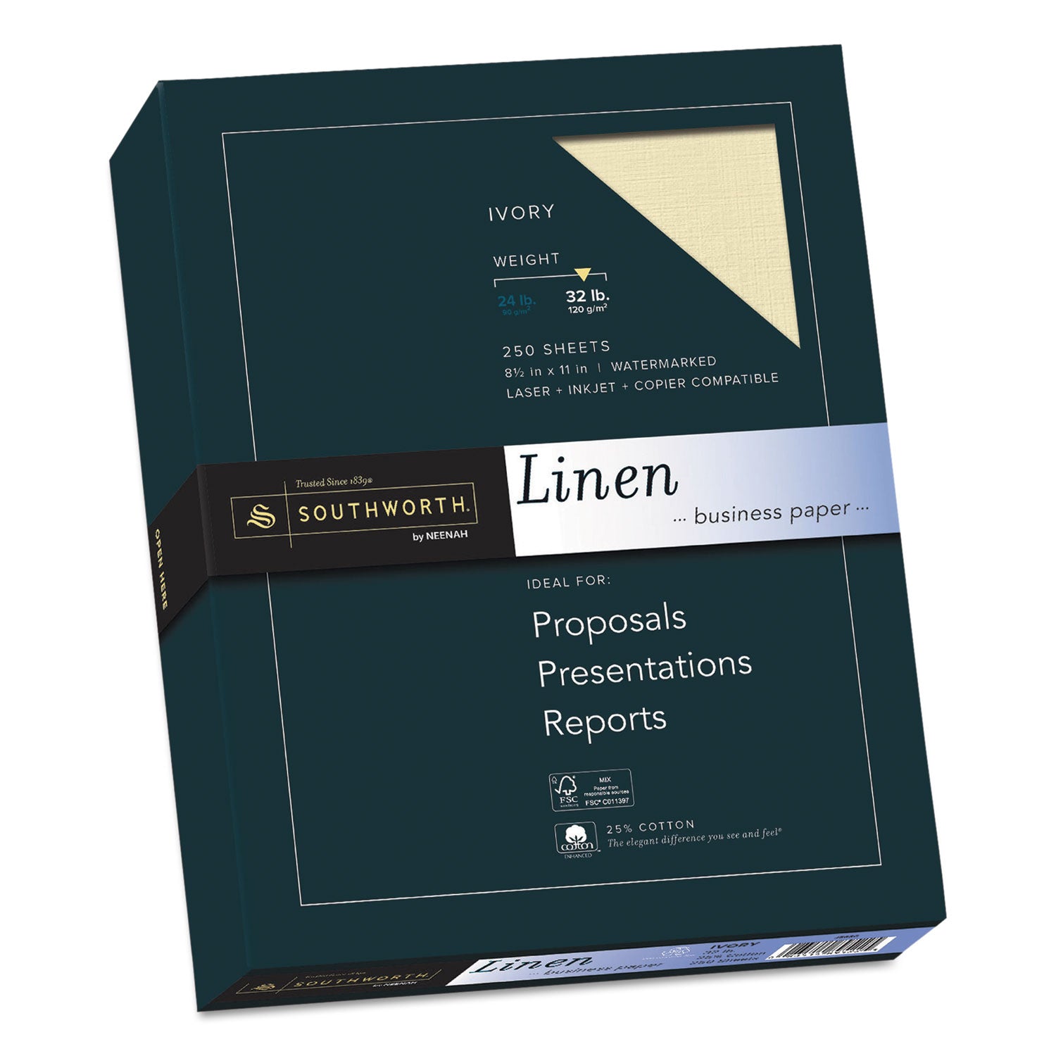 25% Cotton Linen Business Paper, 32 lb Bond Weight, 8.5 x 11, Ivory, 250/Pack -