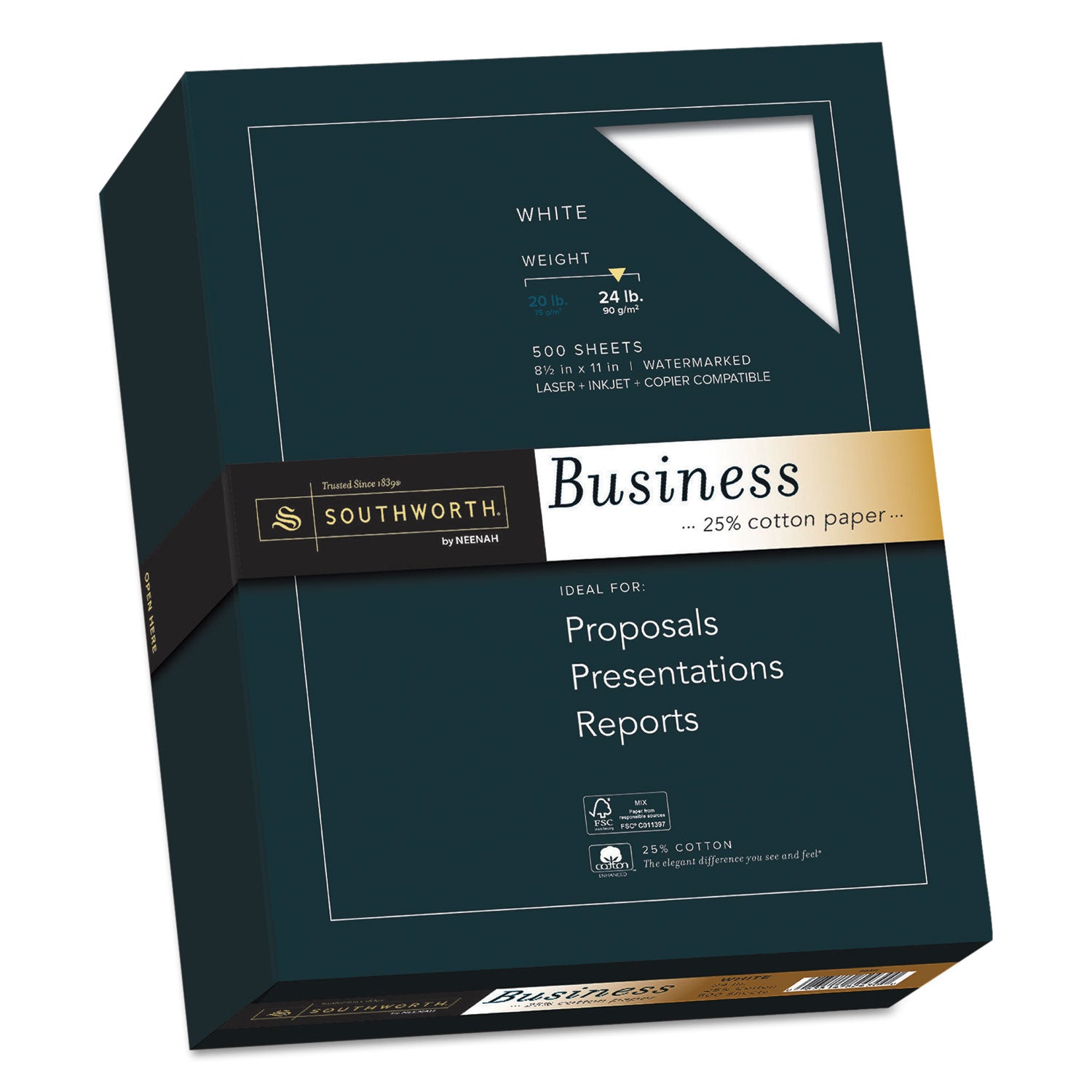 25% Cotton Business Paper, 95 Bright, 24 lb Bond Weight, 8.5 x 11, White, 500 Sheets/Ream -