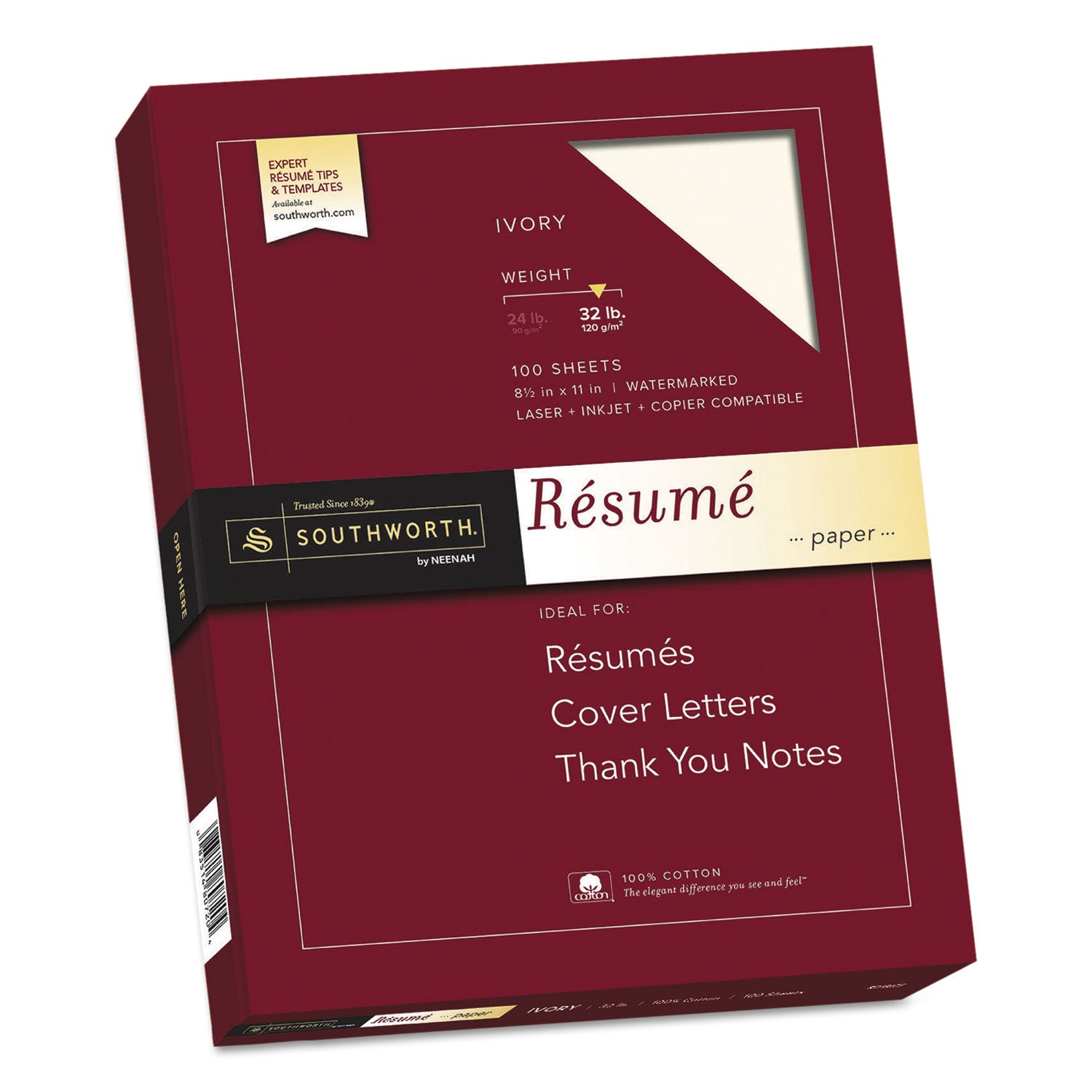 100% Cotton Resume Paper, 32 lb Bond Weight, 8.5 x 11, Ivory, 100/Pack -