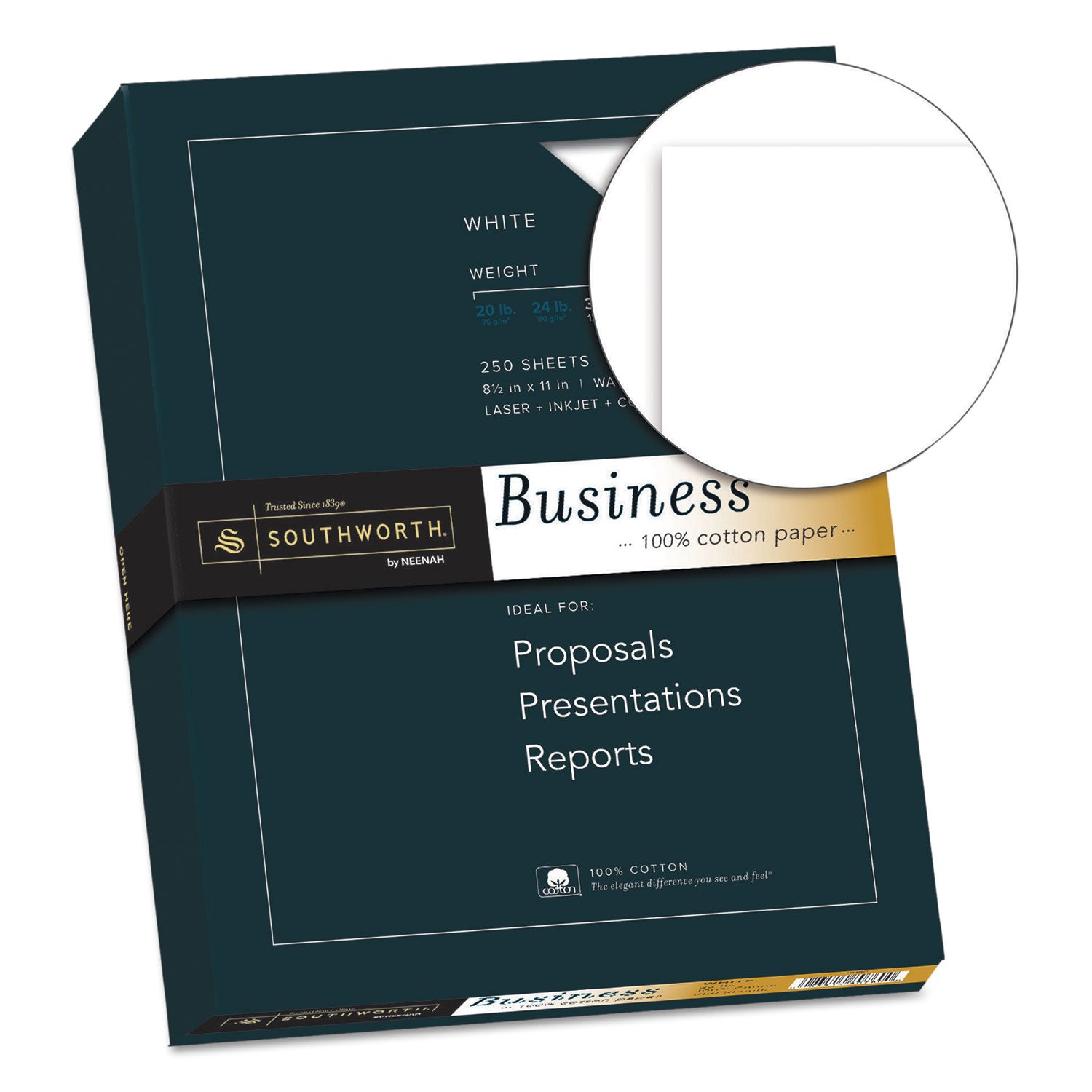 100% Cotton Business Paper, 95 Bright, 32 lb Bond Weight, 8.5 x 11, White, 250/Pack -