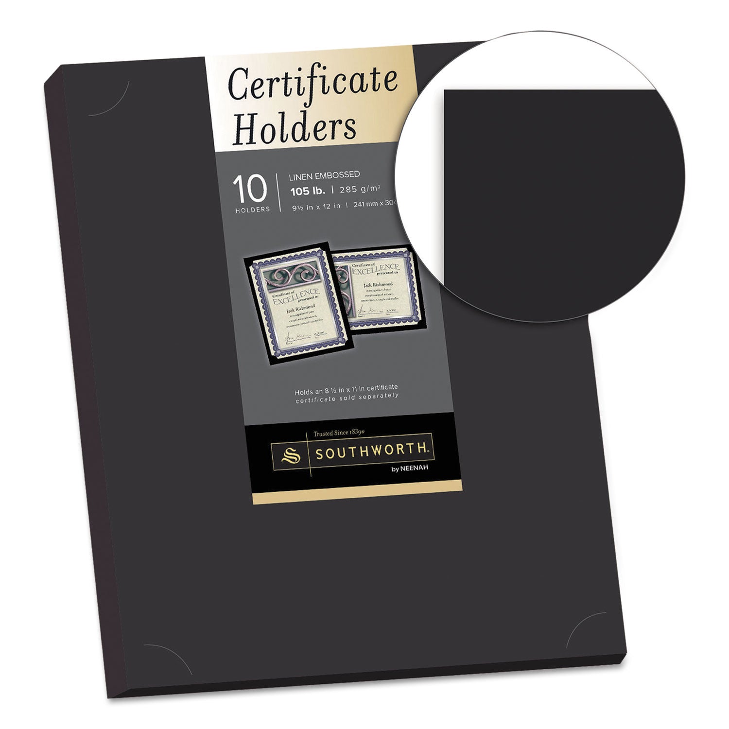 Certificate Holder, Black, 105lb Linen Stock, 12 x 9.5, 10/Pack -