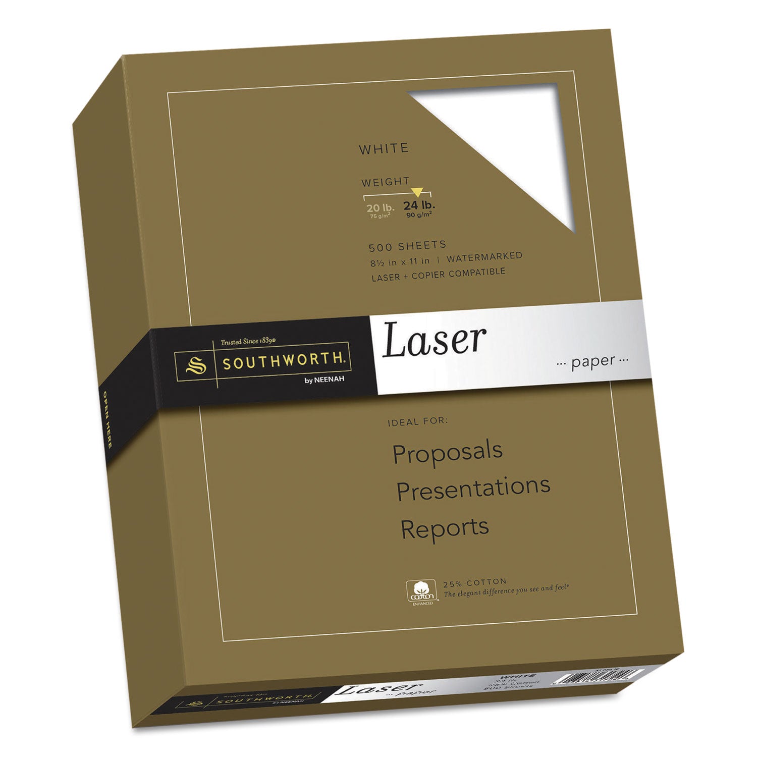 25% Cotton Laser Paper, 95 Bright, 24 lb Bond Weight, 8.5 x 11, White, 500/Ream -