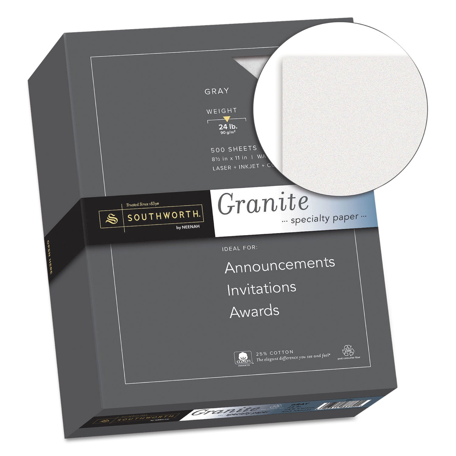 Granite Specialty Paper, 24 lb Bond Weight, 8.5 x 11, Gray, 500/Ream -