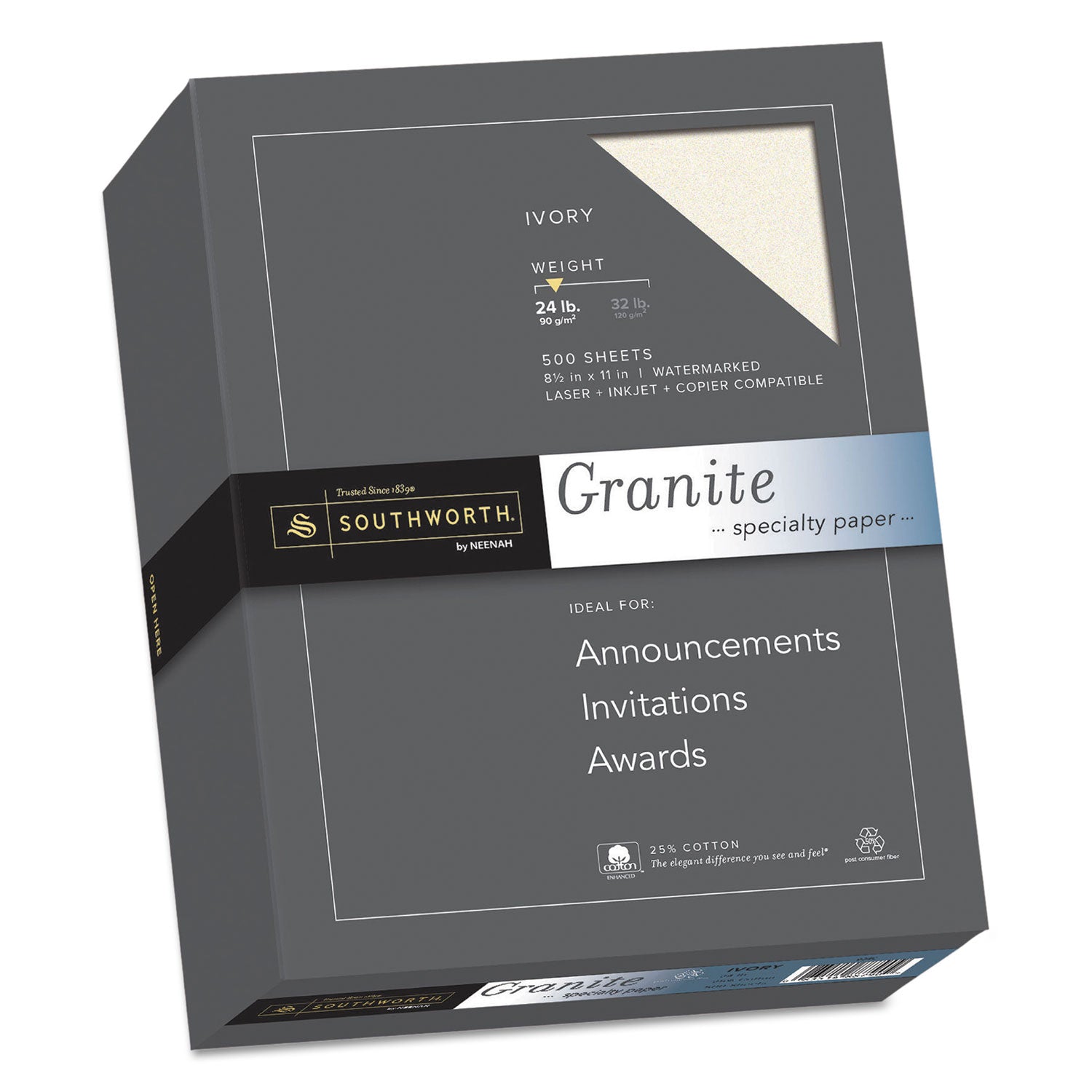 Granite Specialty Paper, 24 lb Bond Weight, 8.5 x 11, Ivory, 500/Ream -