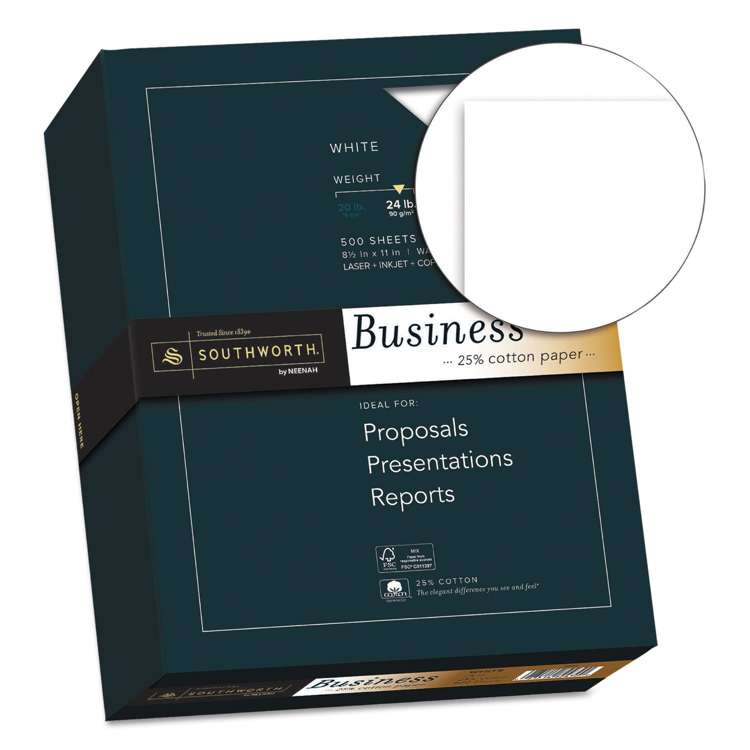 25% Cotton Business Paper, 95 Bright, 24 lb Bond Weight, 8.5 x 11, White, 500 Sheets/Ream -