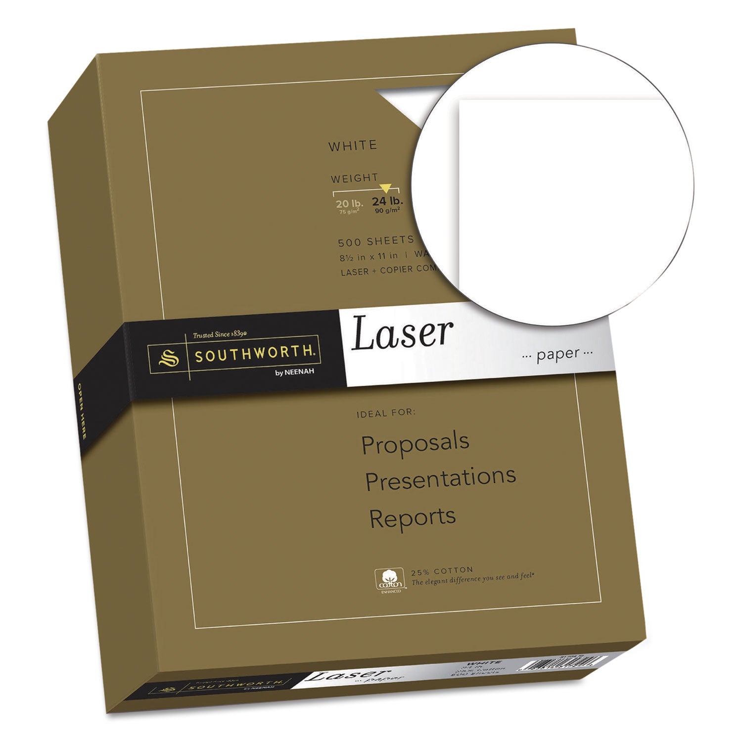 25% Cotton Laser Paper, 95 Bright, 24 lb Bond Weight, 8.5 x 11, White, 500/Ream -