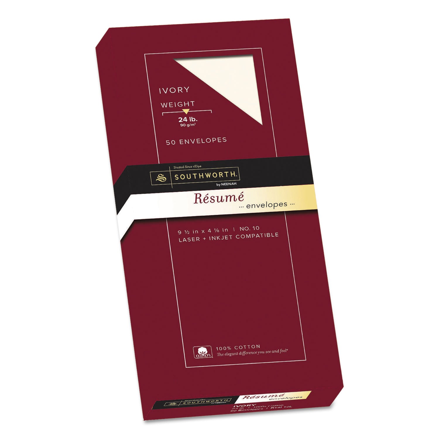 100% Cotton Resume Envelope, #10, Commercial Flap, Gummed Closure, 4.13 x 9.5, Ivory, 50/Box -
