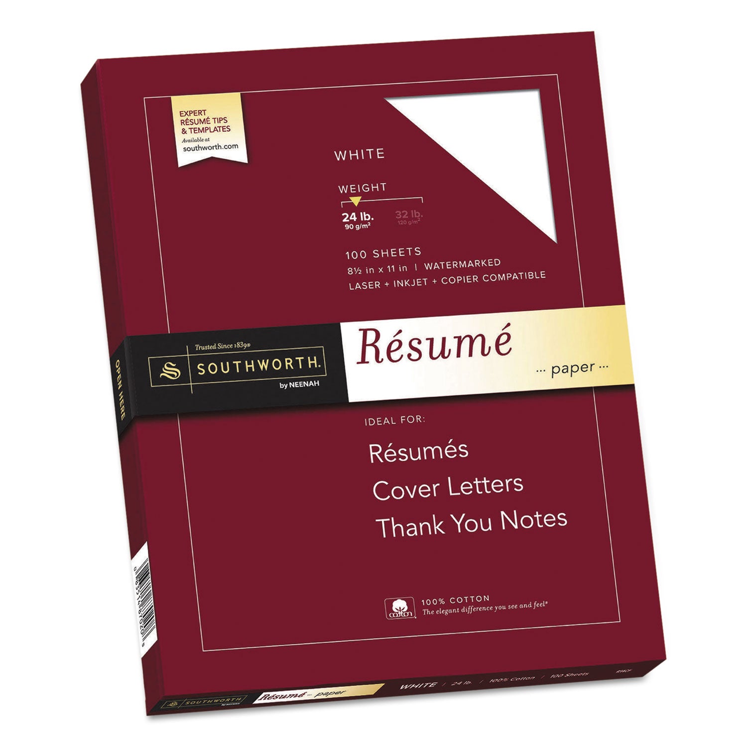 100% Cotton Resume Paper, 95 Bright, 24 lb Bond Weight, 8.5 x 11, White, 100/Pack -
