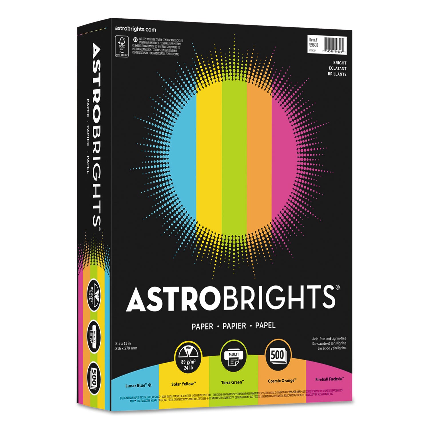 Color Paper -"Bright" Assortment, 24 lb Bond Weight, 8.5 x 11, Assorted Bright Colors, 500/Ream -