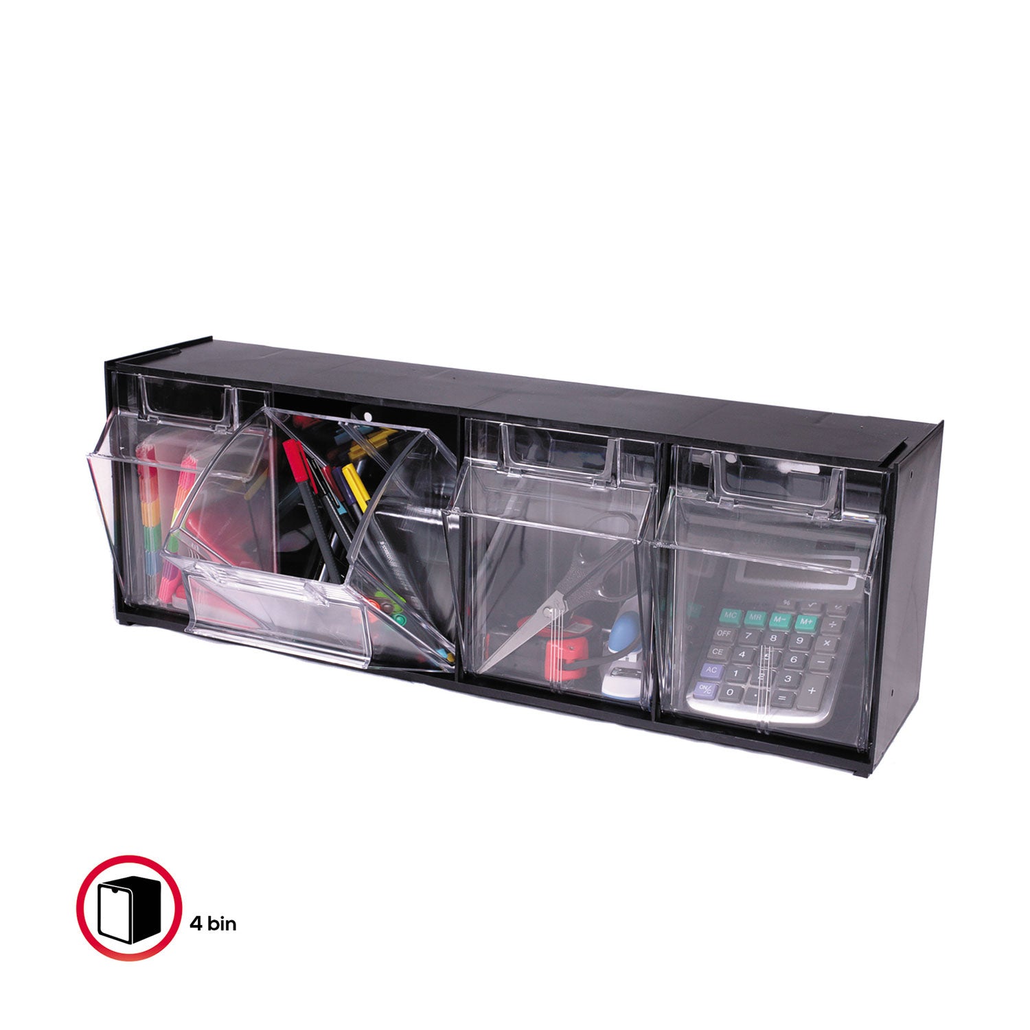 Tilt Bin Interlocking Multi-Bin Storage Organizer, 4 Sections, 23.63" x 6.63" x 8.13", Black/Clear -