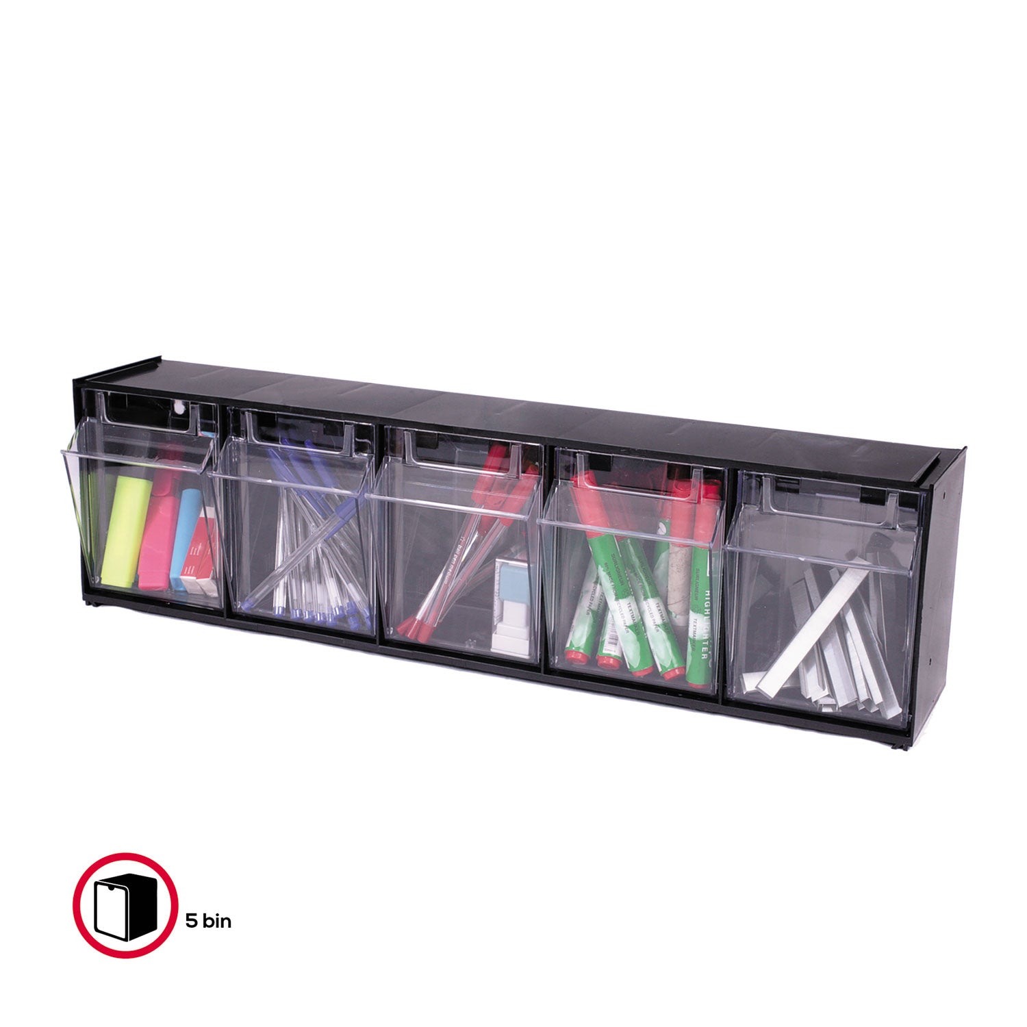 Tilt Bin Interlocking Multi-Bin Storage Organizer, 5 Sections, 23.63" x 5.25" x 6.5", Black/Clear -