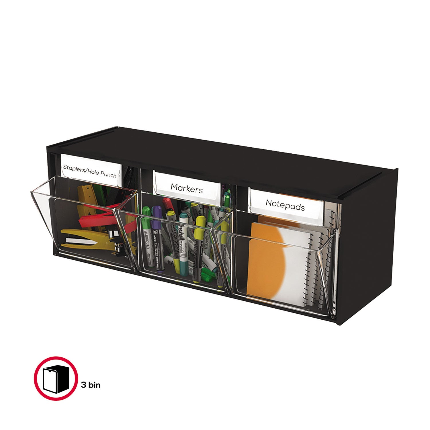 Tilt Bin Interlocking Multi-Bin Storage Organizer, 3 Sections, 23.63" x 7.75" x 9.5", Black/Clear -