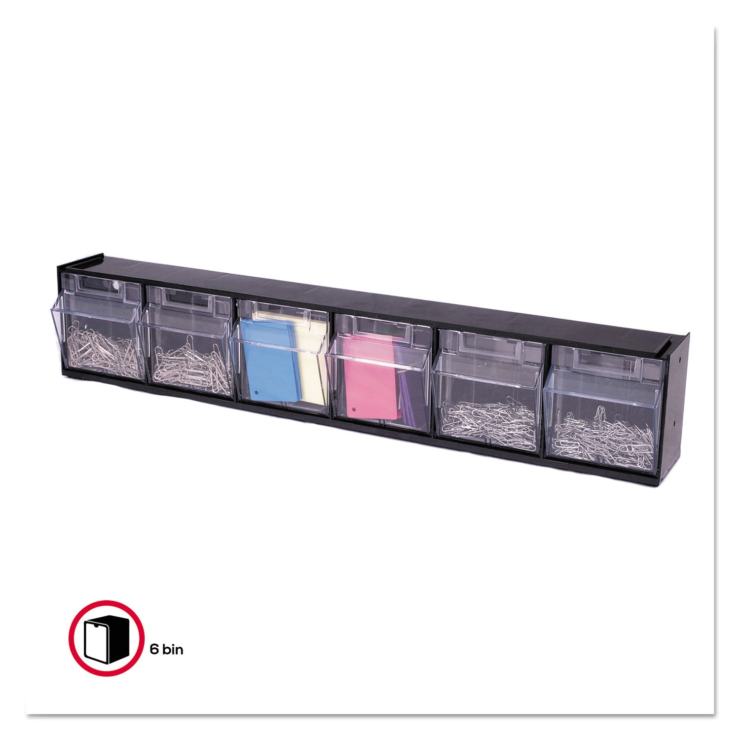 Tilt Bin Interlocking Multi-Bin Storage Organizer, 6 Sections, 23.63" x 3.63" x 4.5", Black/Clear -