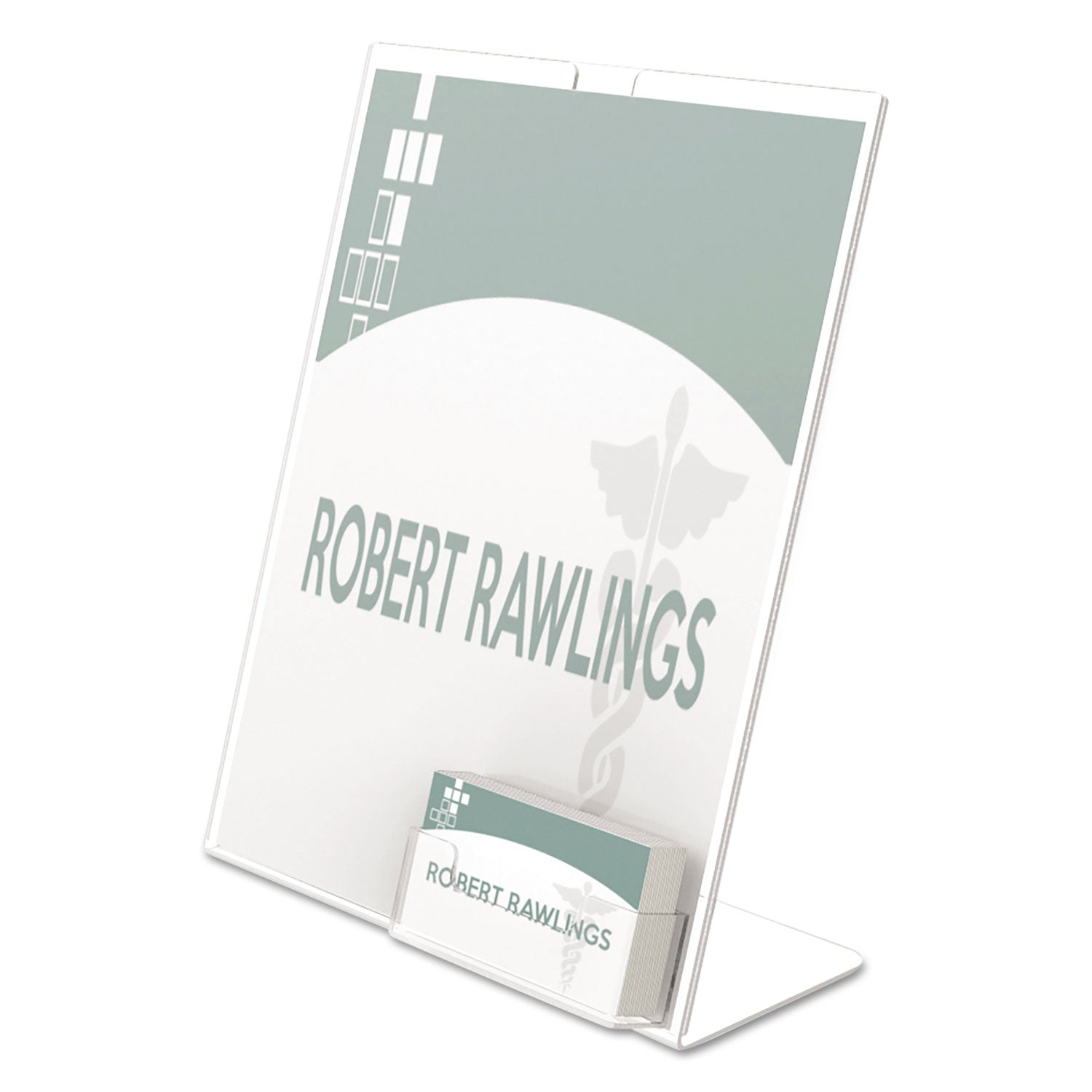 Superior Image Slanted Sign Holder with Business Card Holder, 8.5w x 4.5d x 11h, Clear -