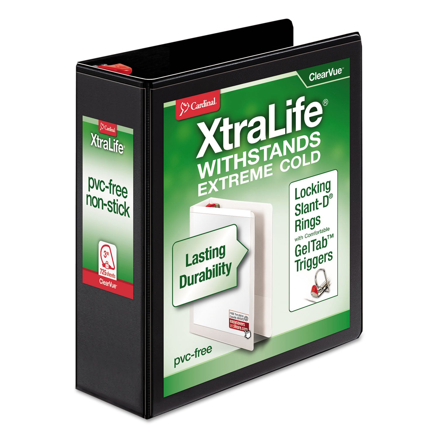 XtraLife ClearVue Non-Stick Locking Slant-D Ring Binder, 3 Rings, 3" Capacity, 11 x 8.5, Black -