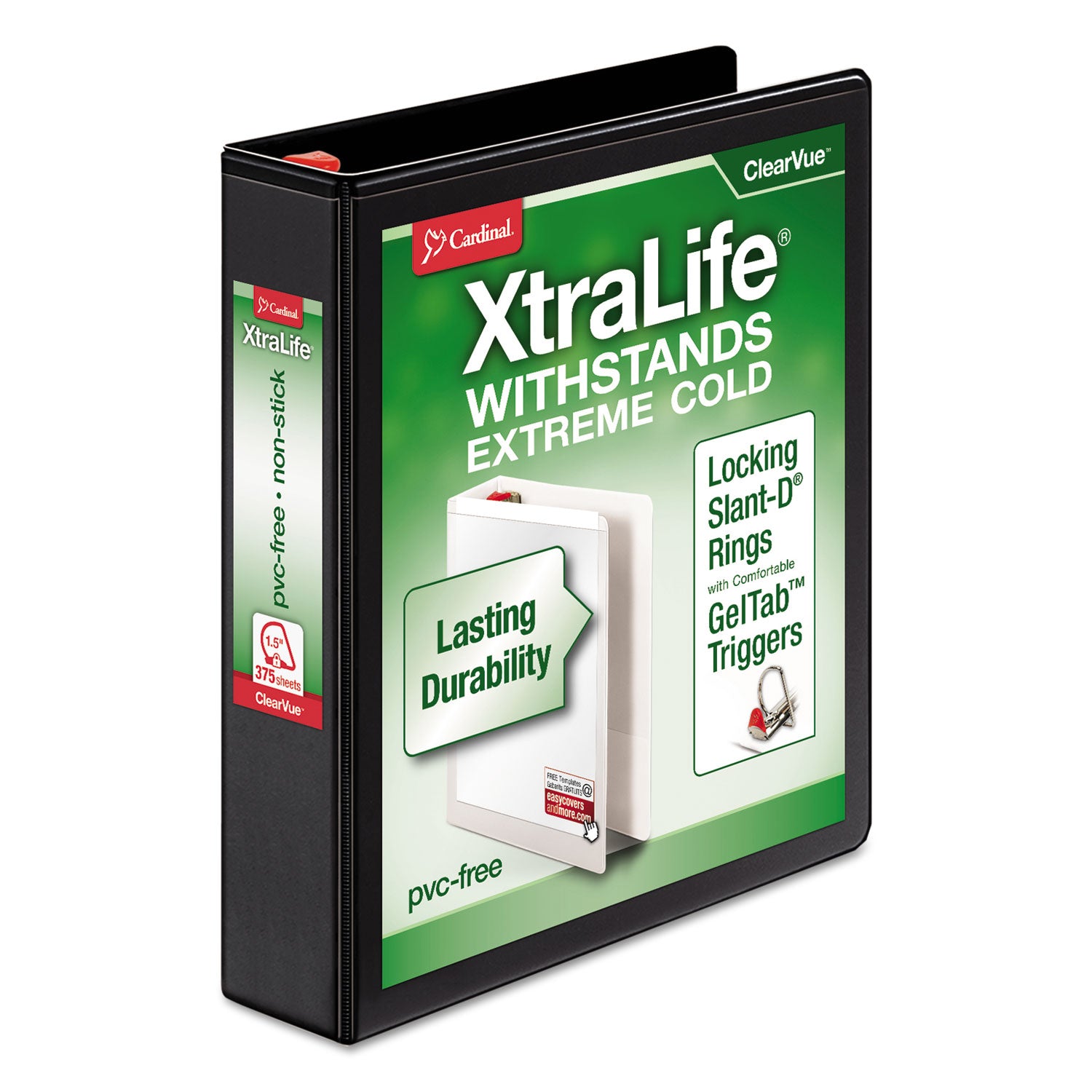 XtraLife ClearVue Non-Stick Locking Slant-D Ring Binder, 3 Rings, 1.5" Capacity, 11 x 8.5, Black -
