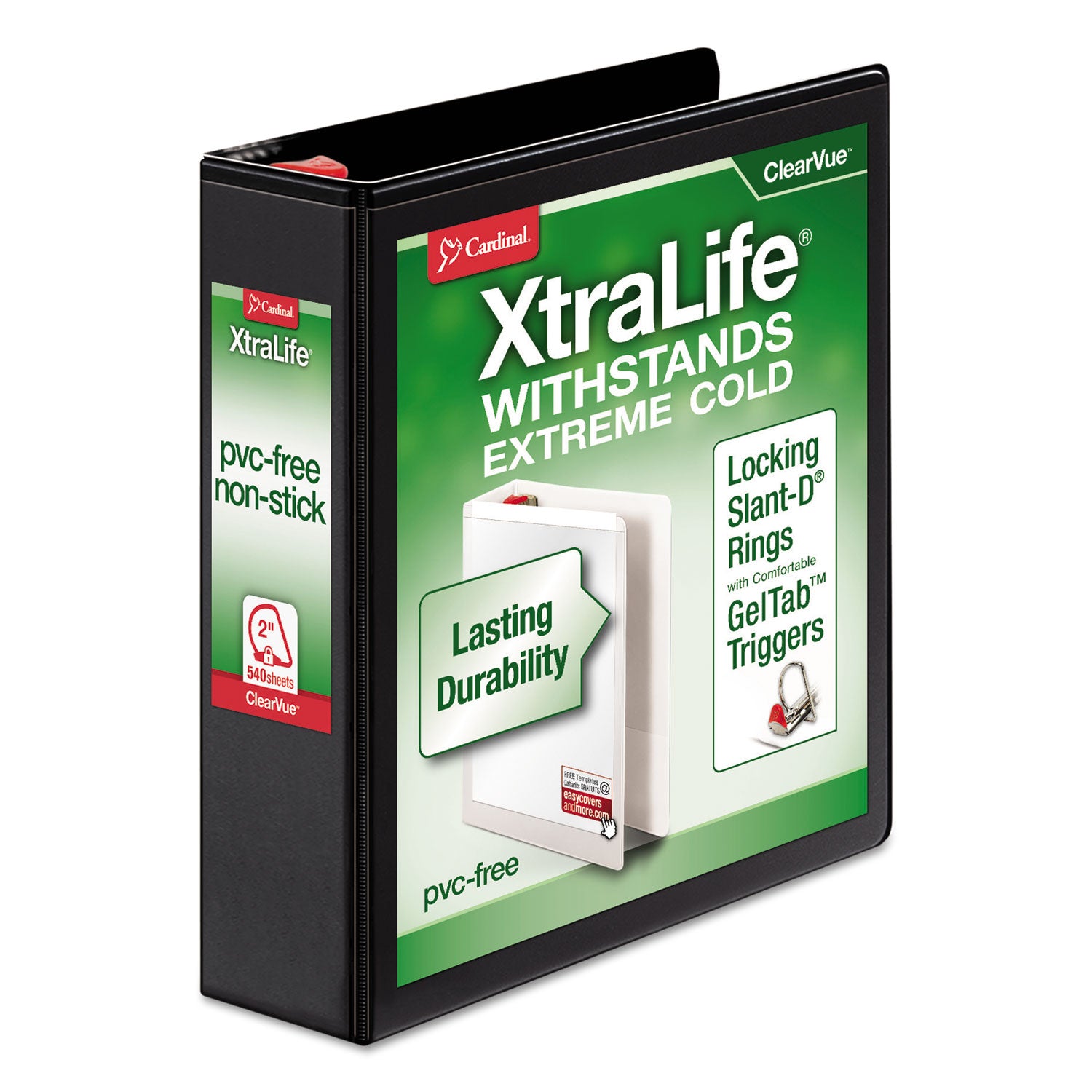 XtraLife ClearVue Non-Stick Locking Slant-D Ring Binder, 3 Rings, 2" Capacity, 11 x 8.5, Black -