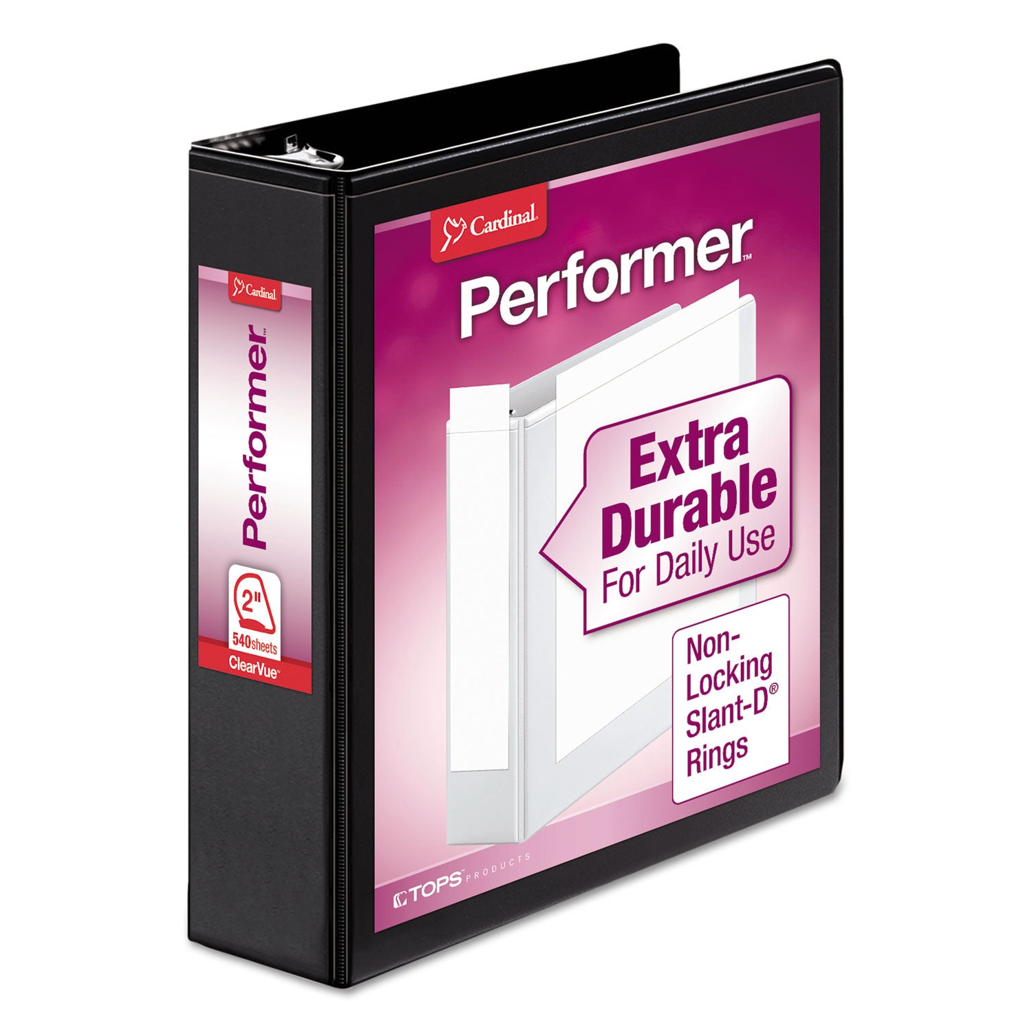 Performer ClearVue Slant-D Ring Binder, 3 Rings, 2" Capacity, 11 x 8.5, Black -