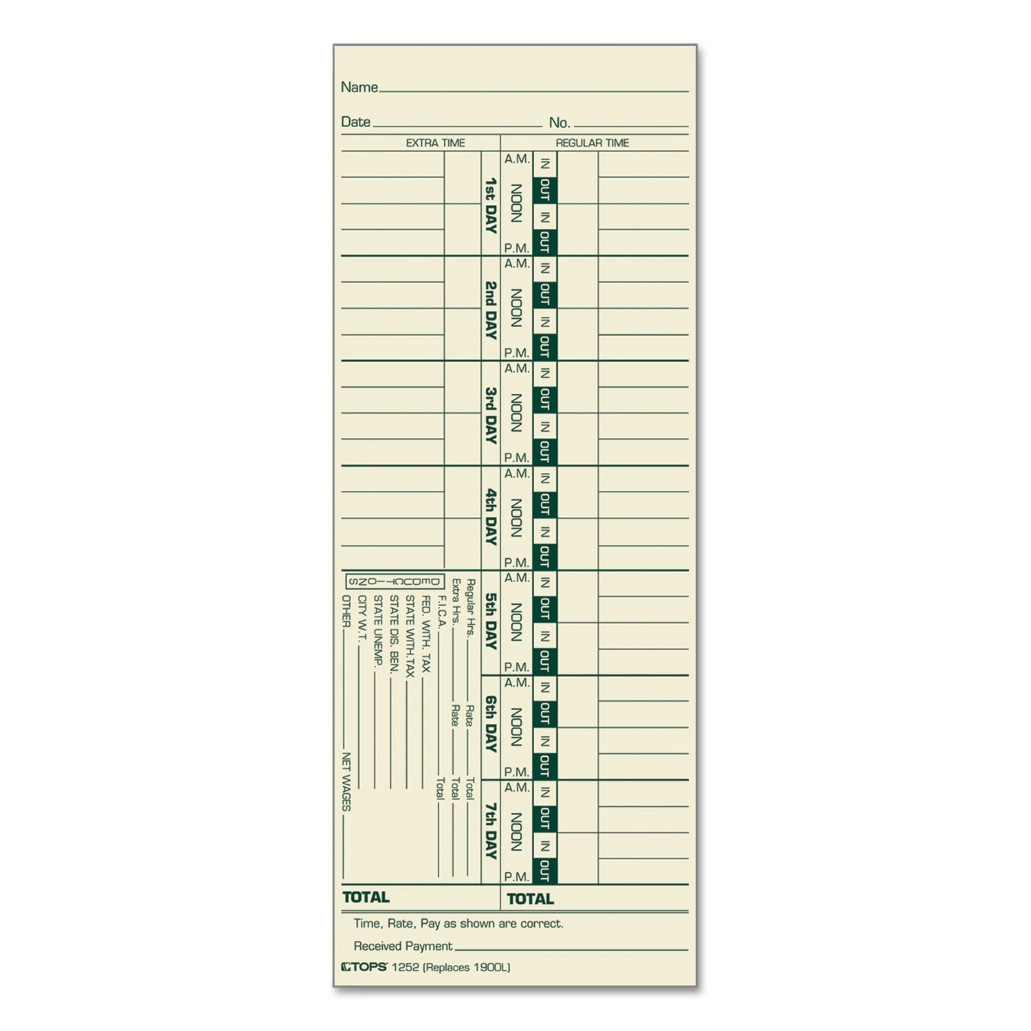 Time Clock Cards, Replacement for 1900L, One Side, 3.5 x 9, 500/Box -