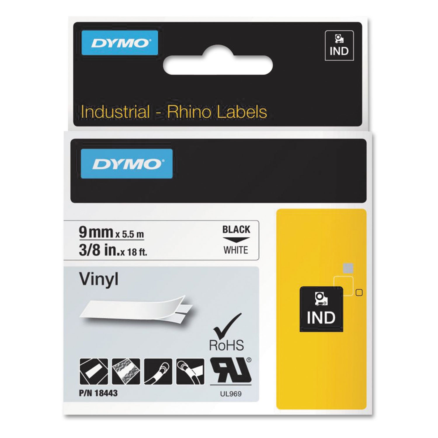 Rhino Permanent Vinyl Industrial Label Tape, 0.37" x 18 ft, White/Black Print -