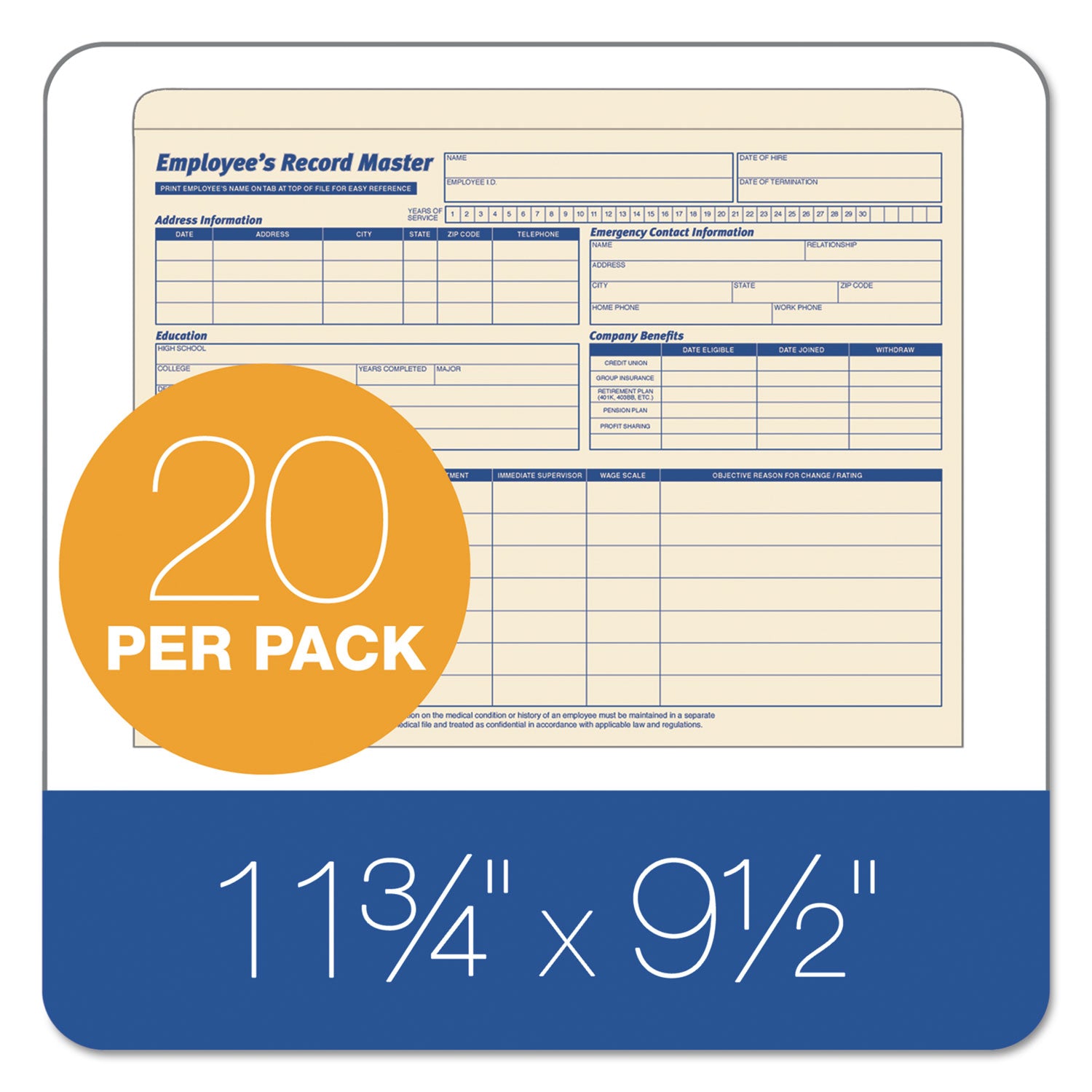 Employee Record Master File Jacket, Straight Tab, Letter Size, Manila, 20/Pack -