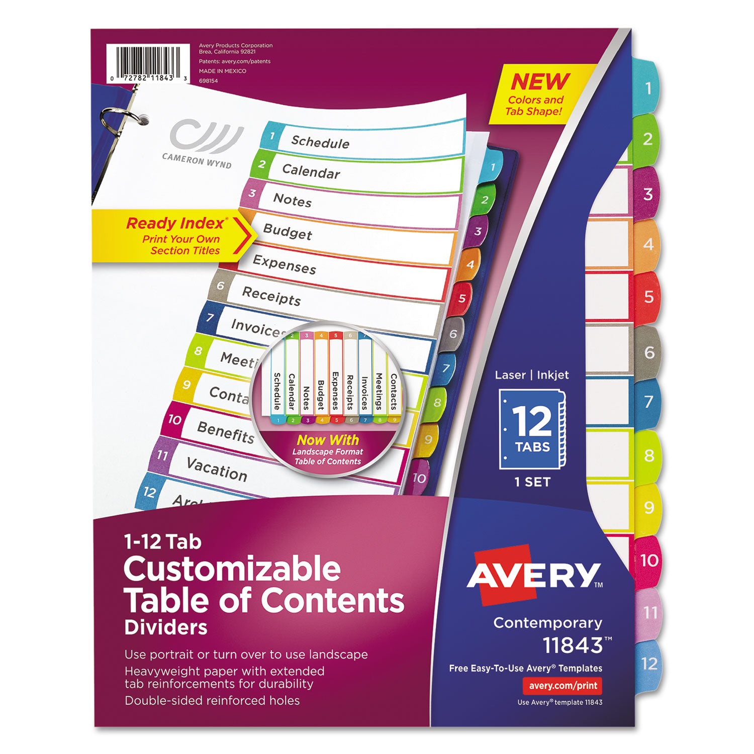 Customizable TOC Ready Index Multicolor Tab Dividers, 12-Tab, 1 to 12, 11 x 8.5, White, Contemporary Color Tabs, 1 Set -
