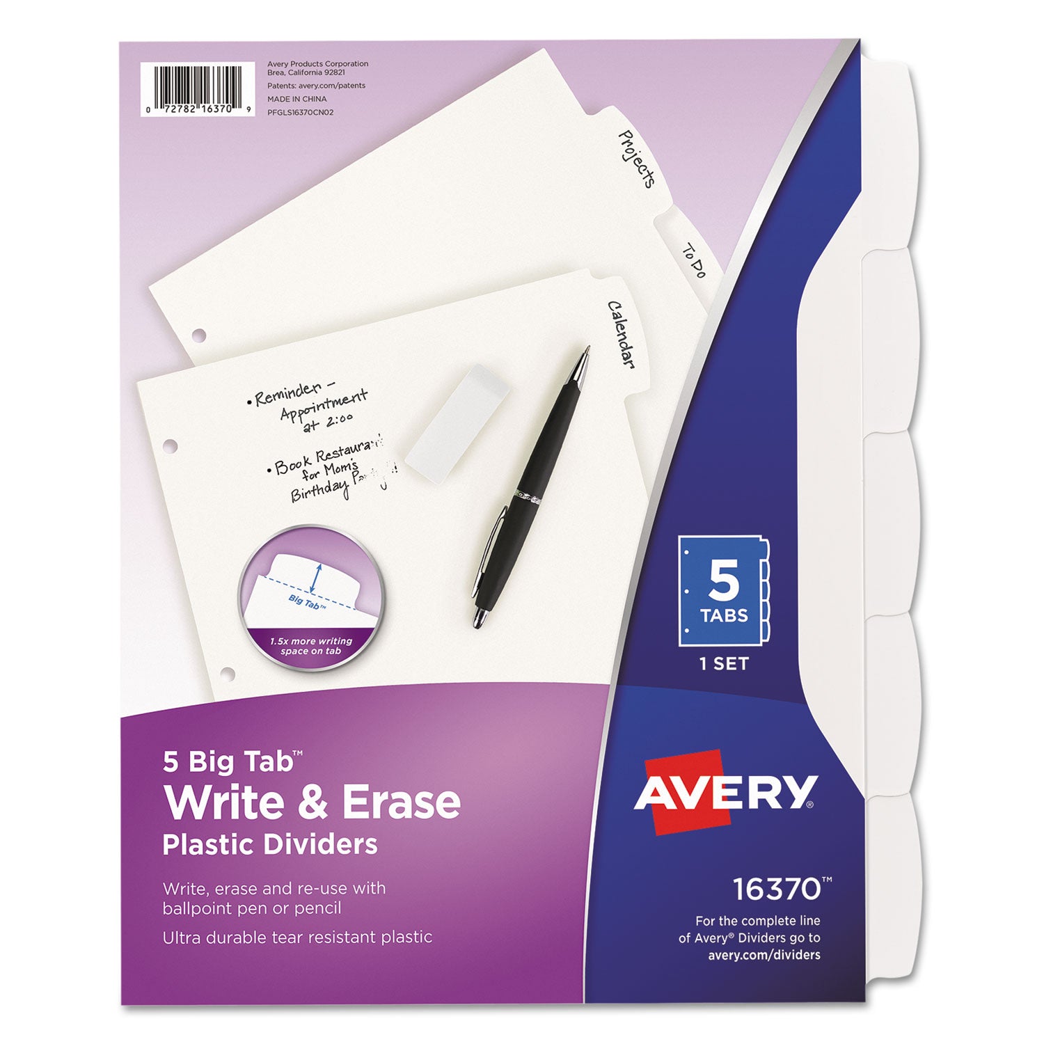 Write and Erase Big Tab Durable Plastic Dividers, 3-Hole Punched, 5-Tab, 11 x 8.5, White, 1 Set -