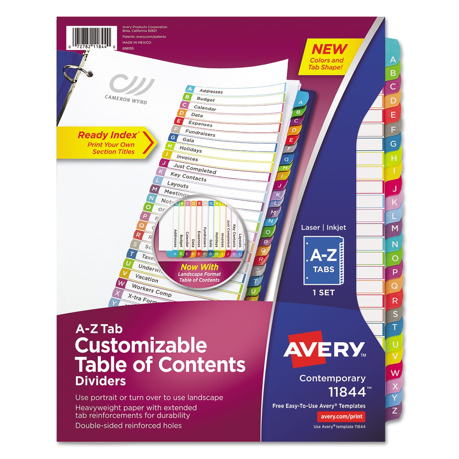 Customizable TOC Ready Index Multicolor Tab Dividers, 26-Tab, A to Z, 11 x 8.5, White, Contemporary Color Tabs, 1 Set -