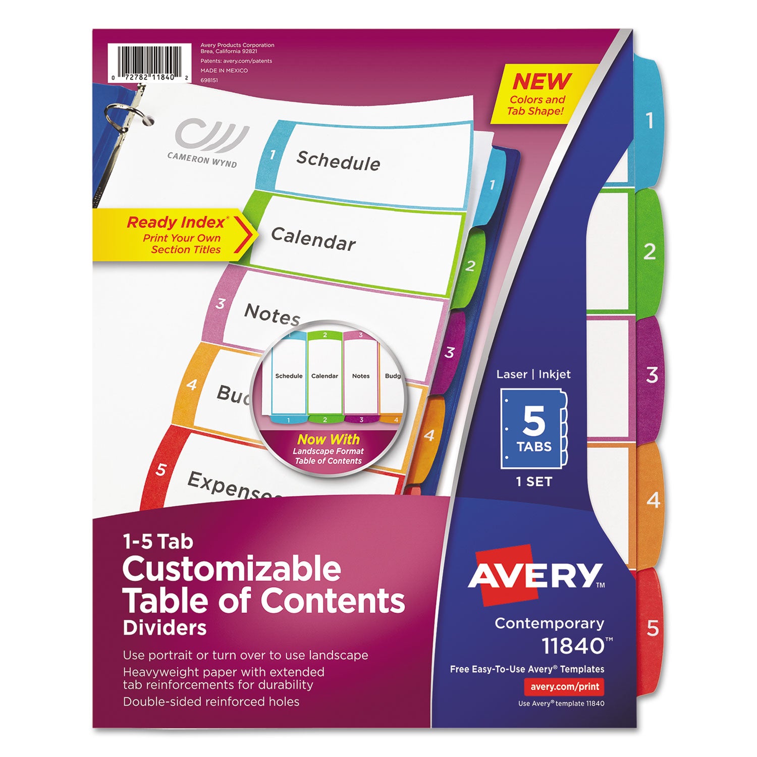 Customizable TOC Ready Index Multicolor Tab Dividers, 5-Tab, 1 to 5, 11 x 8.5, White, Contemporary Color Tabs, 1 Set -