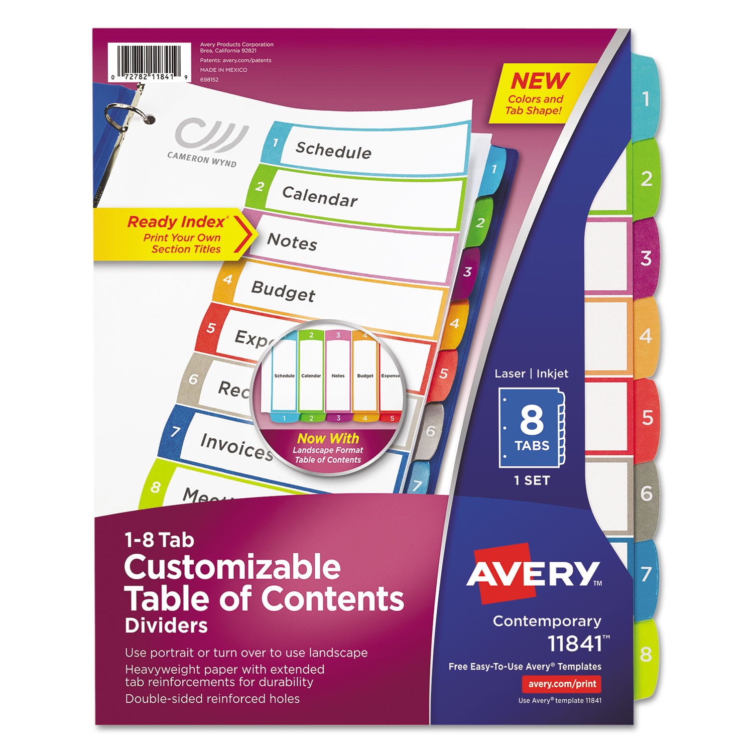 Customizable TOC Ready Index Multicolor Tab Dividers, 8-Tab, 1 to 8, 11 x 8.5, White, Contemporary Color Tabs, 1 Set -