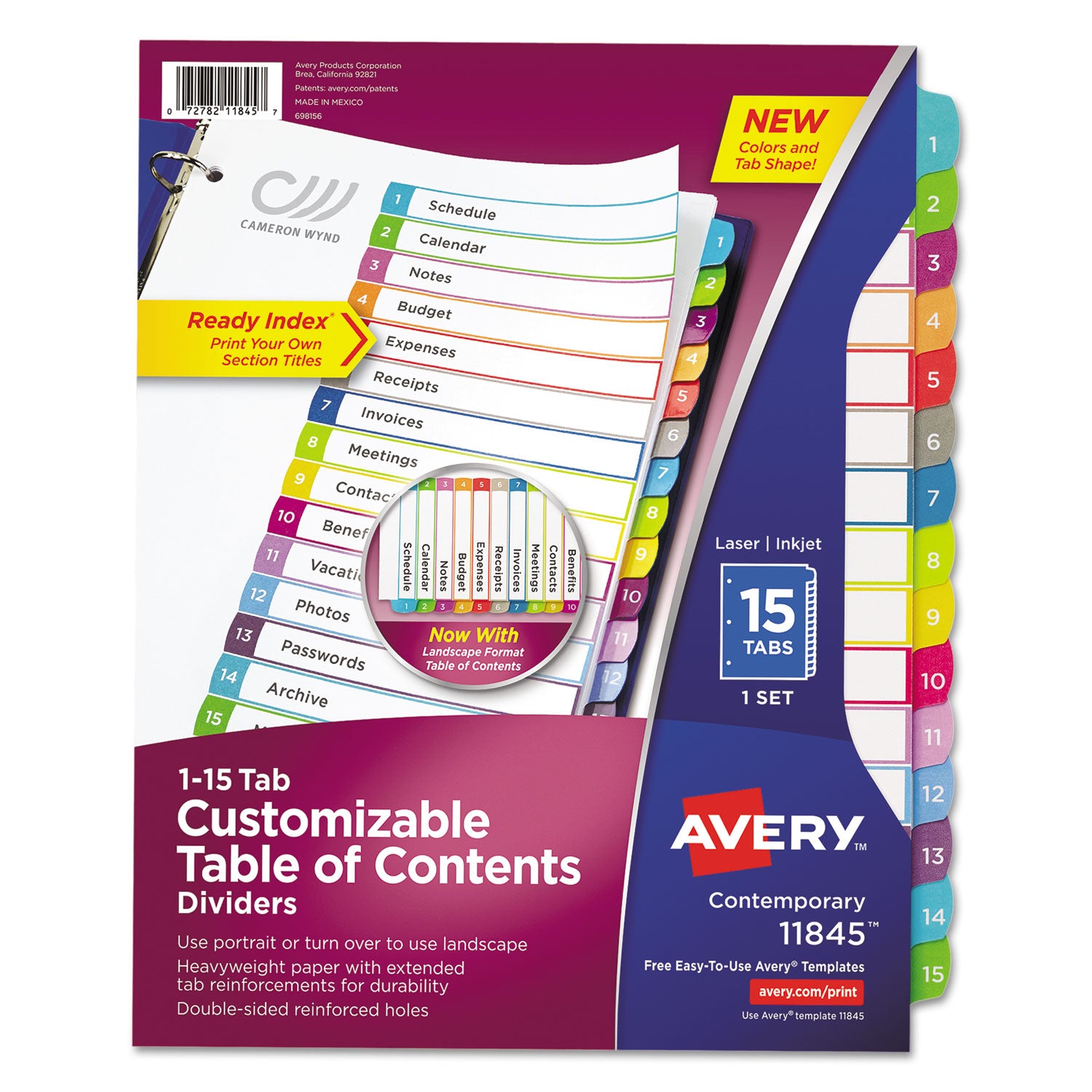 Customizable TOC Ready Index Multicolor Tab Dividers, 15-Tab, 1 to 15, 11 x 8.5, White, Contemporary Color Tabs, 1 Set -