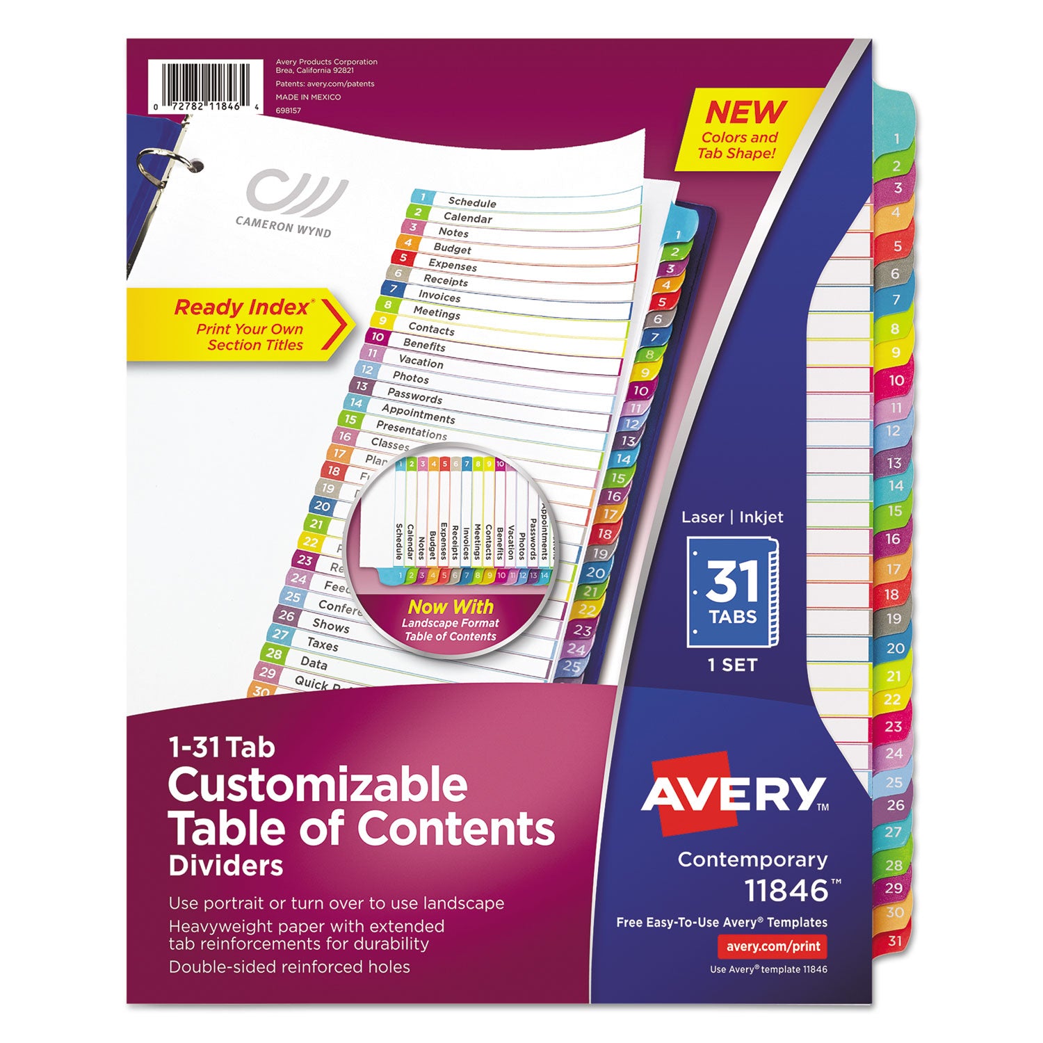 Customizable TOC Ready Index Multicolor Tab Dividers, 31-Tab, 1 to 31, 11 x 8.5, White, Contemporary Color Tabs, 1 Set -
