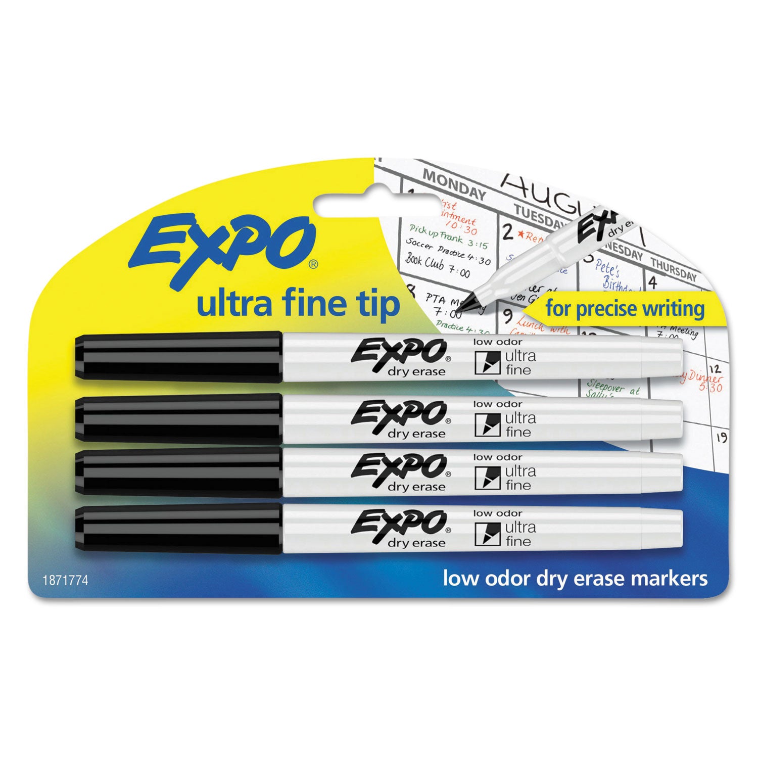 Low-Odor Dry-Erase Marker, Extra-Fine Bullet Tip, Black, 4/Pack -