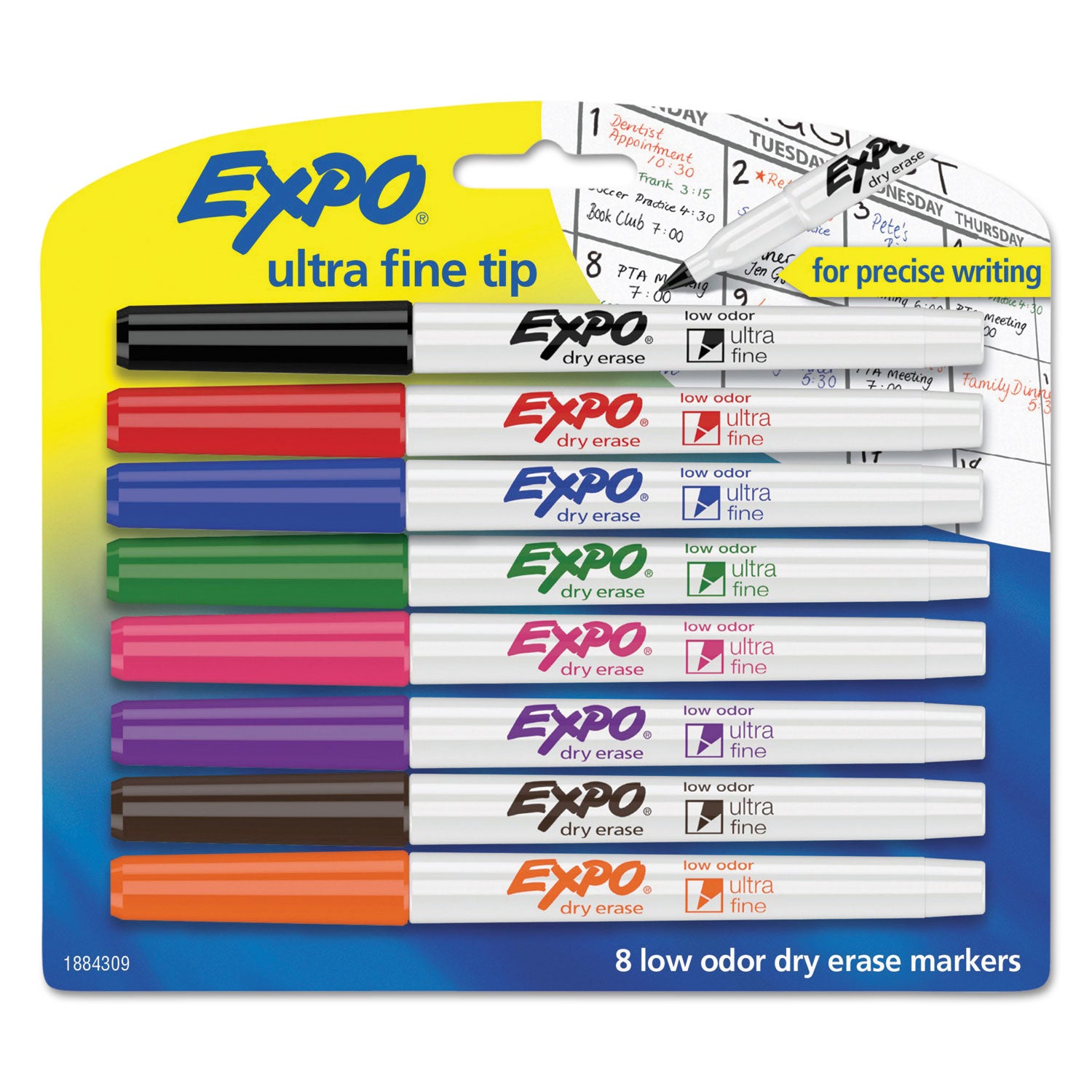 Low-Odor Dry-Erase Marker, Extra-Fine Bullet Tip, Assorted Colors, 8/Set -